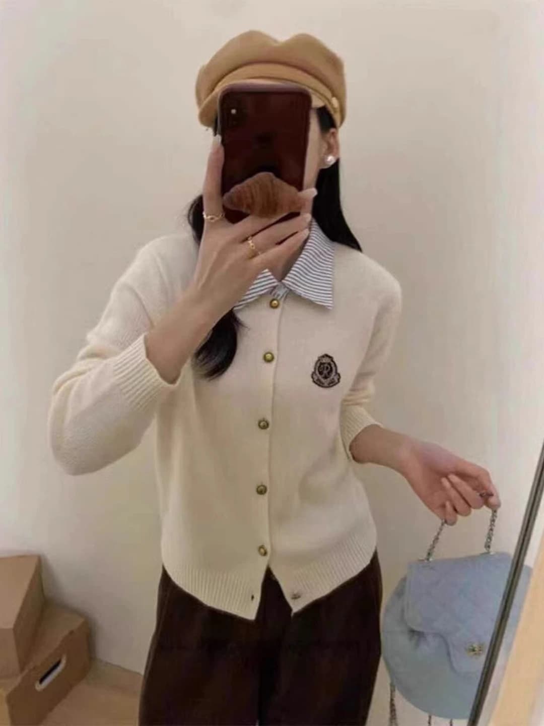 Women's preppy style cropped cardigan, long sleeve, loose fit, slimming, for spring-autumn