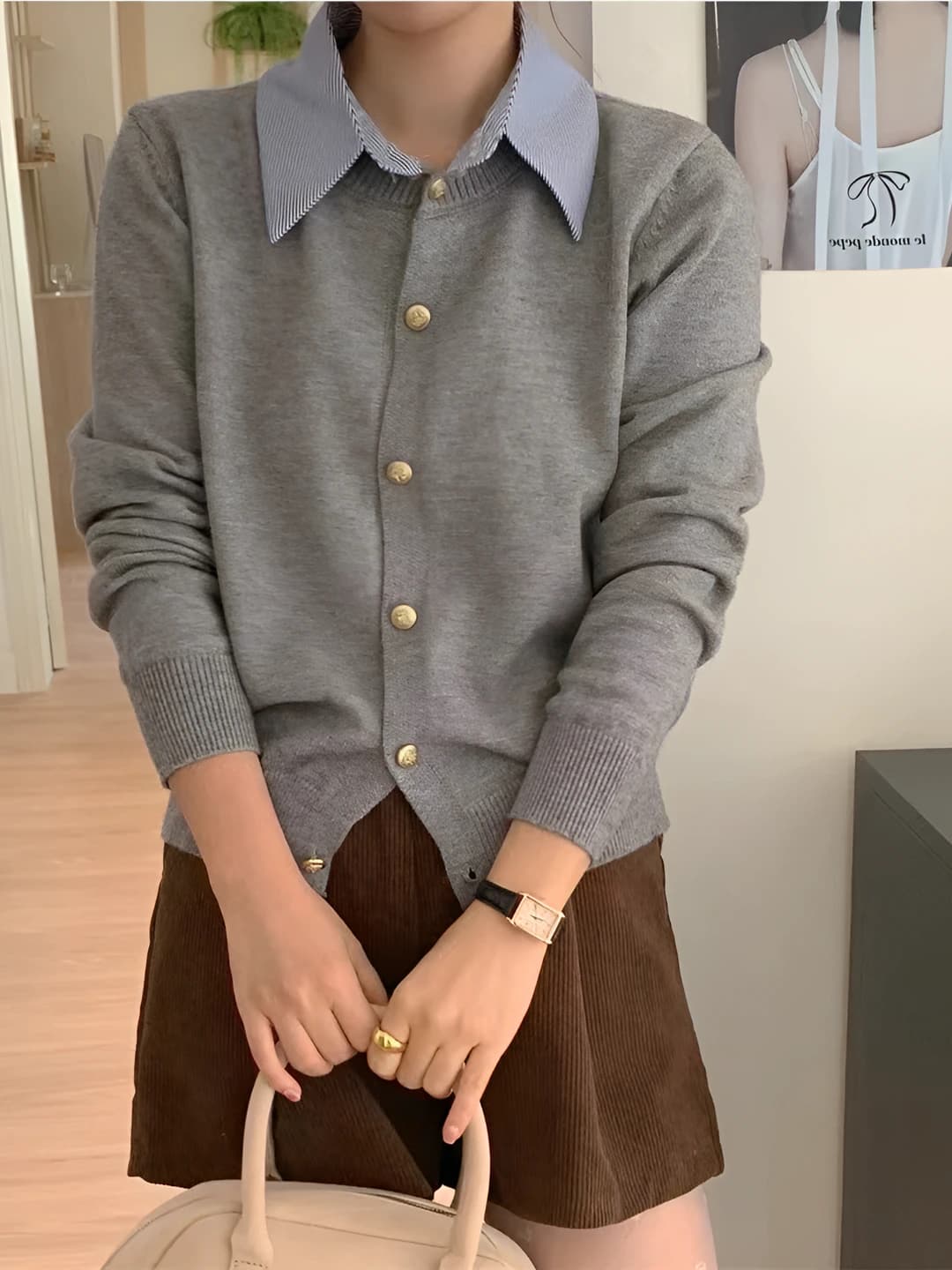 Women's spring-autumn striped knit cardigan with shirt collar, Korean style, long sleeve, regular fit