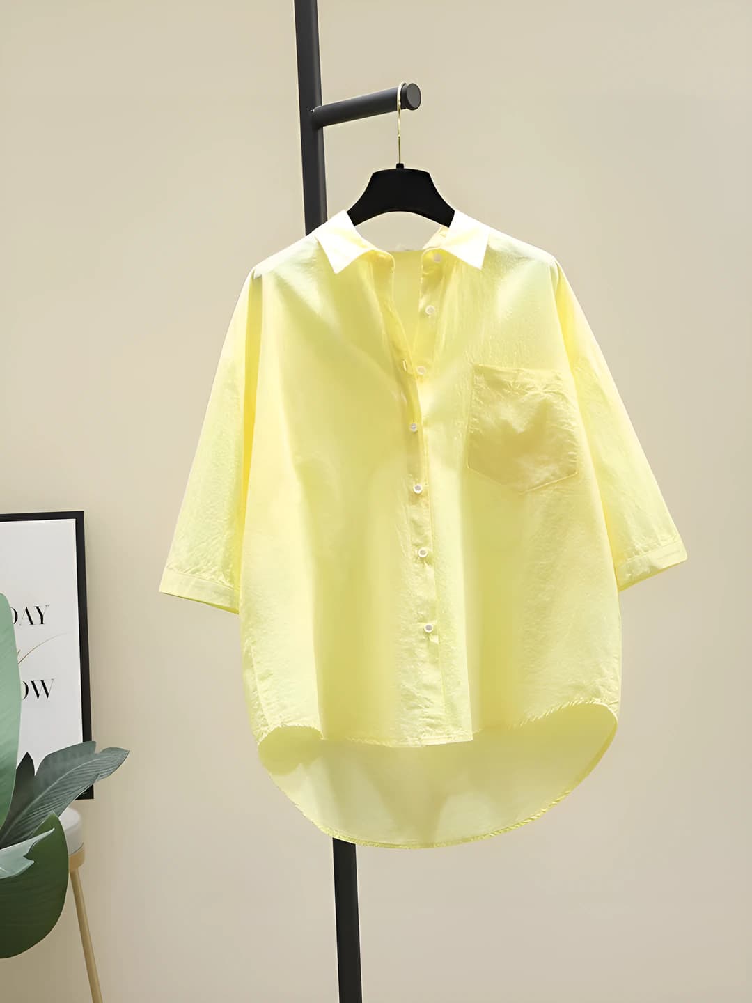 Women's yellow thin spring-summer shirt, 70% cotton, short sleeve, POLO collar, loose fit, mid-length, casual style