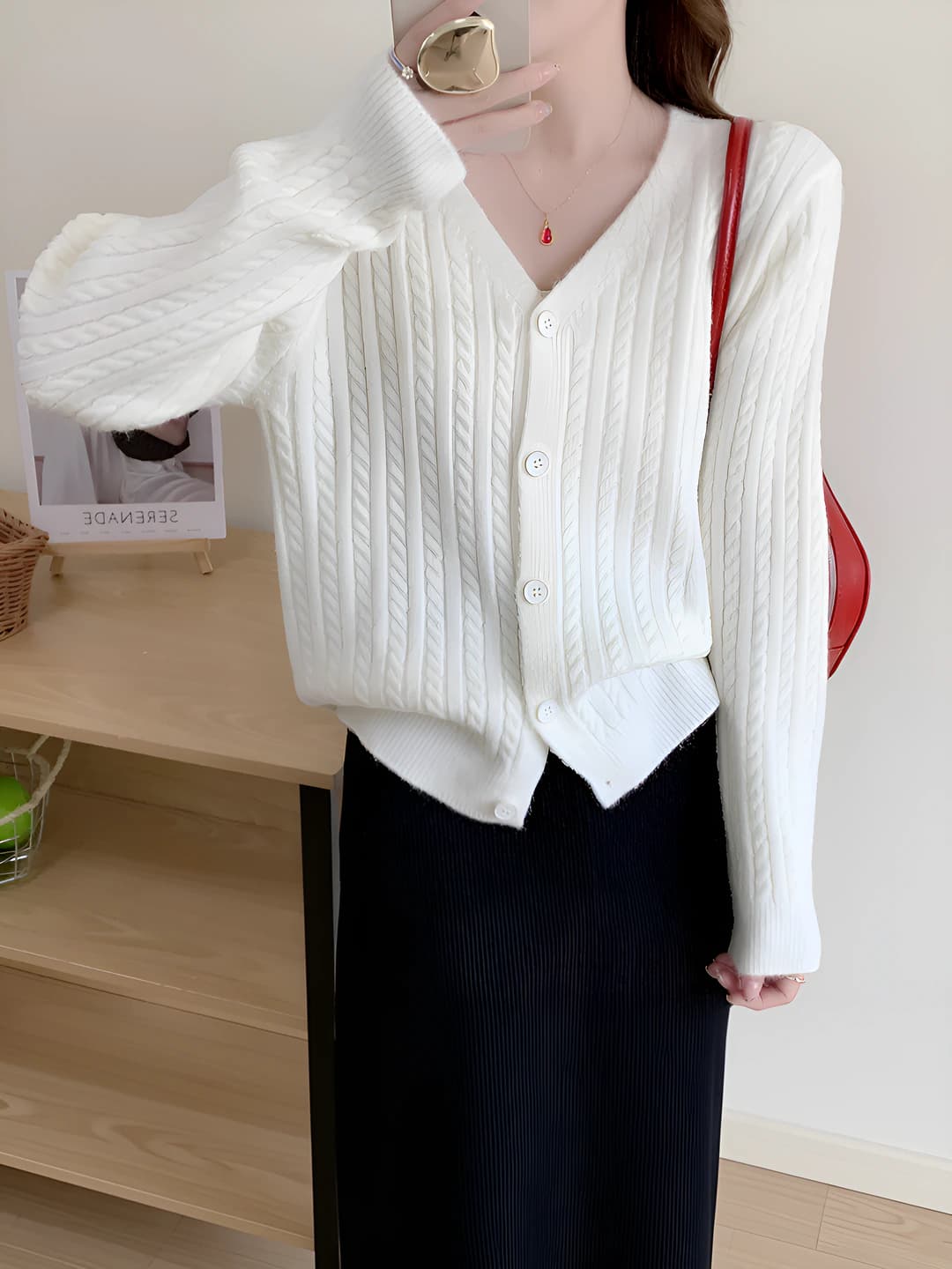 Women's V-neck cable knit cardigan, autumn-winter, solid colour, loose fit, long sleeve, cashmere and polyester blend