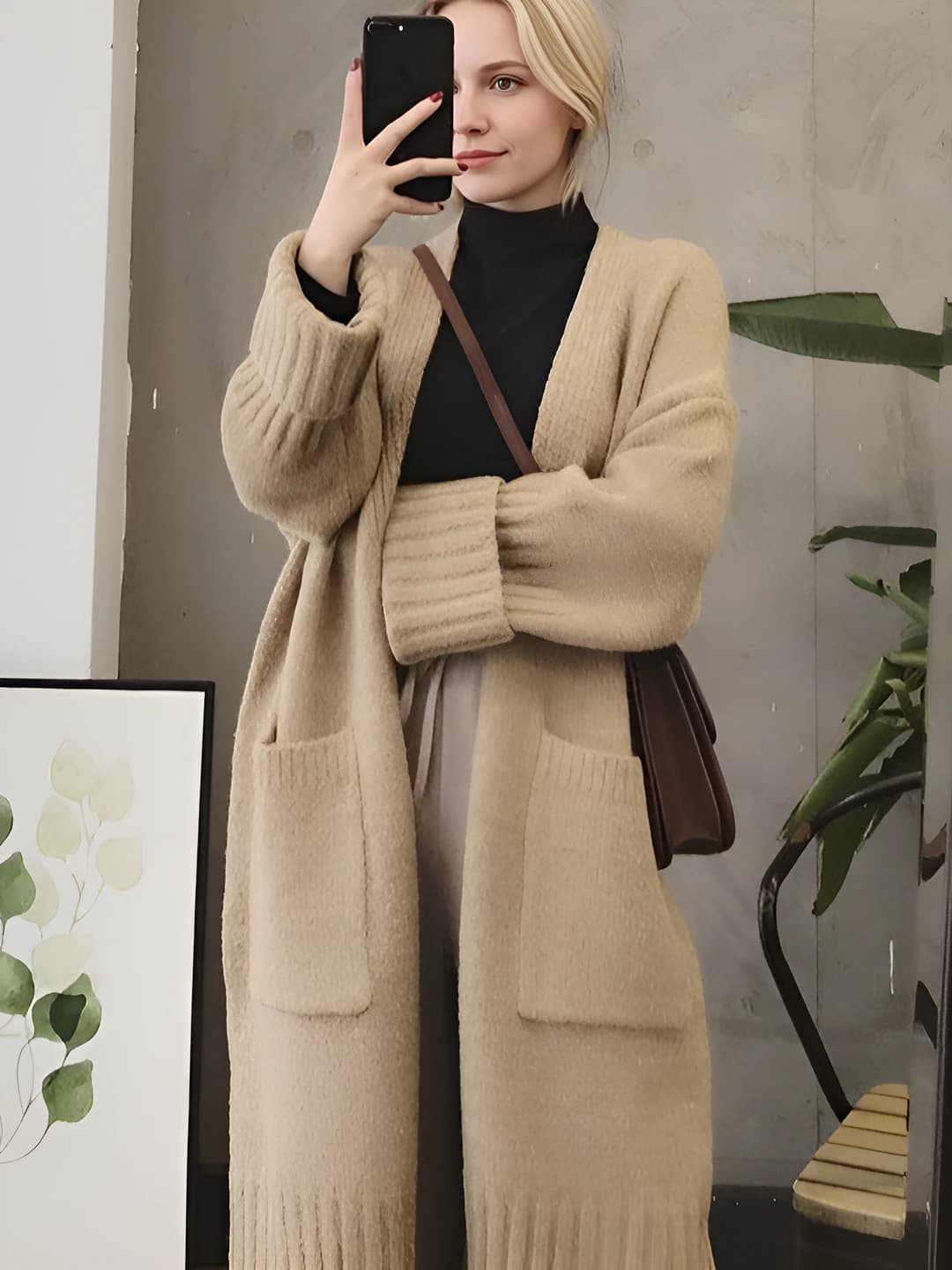 Women's autumn-winter knit cardigan, Korean style, loose fit, mid-length, V-neck, long sleeve, solid colour, thick