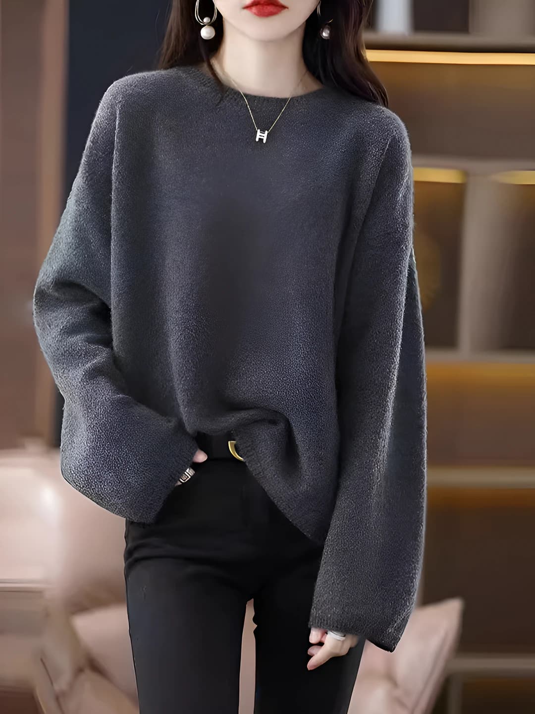 Women's crew neck, long sleeve, solid colour knit sweater for autumn-winter