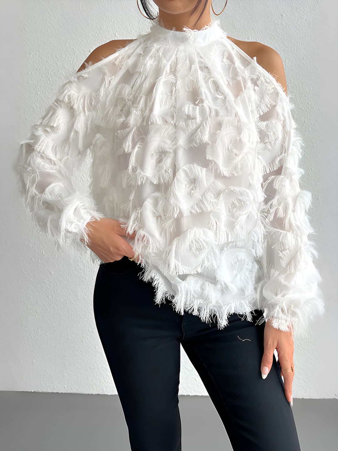 2026 spring women's fringed halter off-shoulder long-sleeve blouse, loose fit, solid colour, slim fit