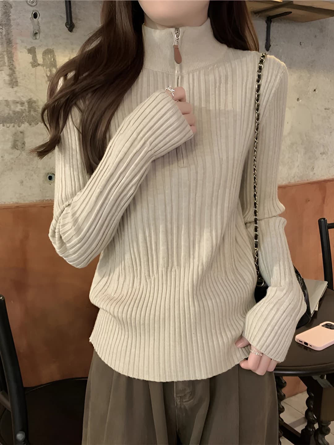 Women's autumn-winter cable knit mock neck slim fit thickened ribbed knit pullover sweater