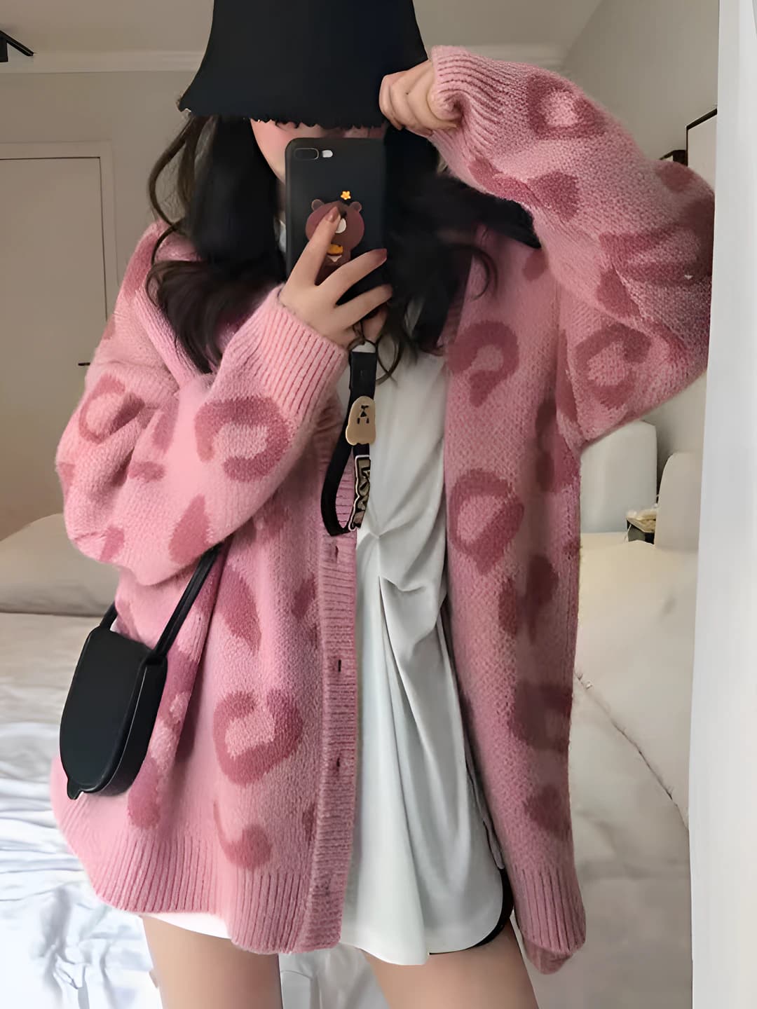 Women's Korean style loose fit knit cardigan, long sleeve, V-neck, leopard pattern, autumn-winter