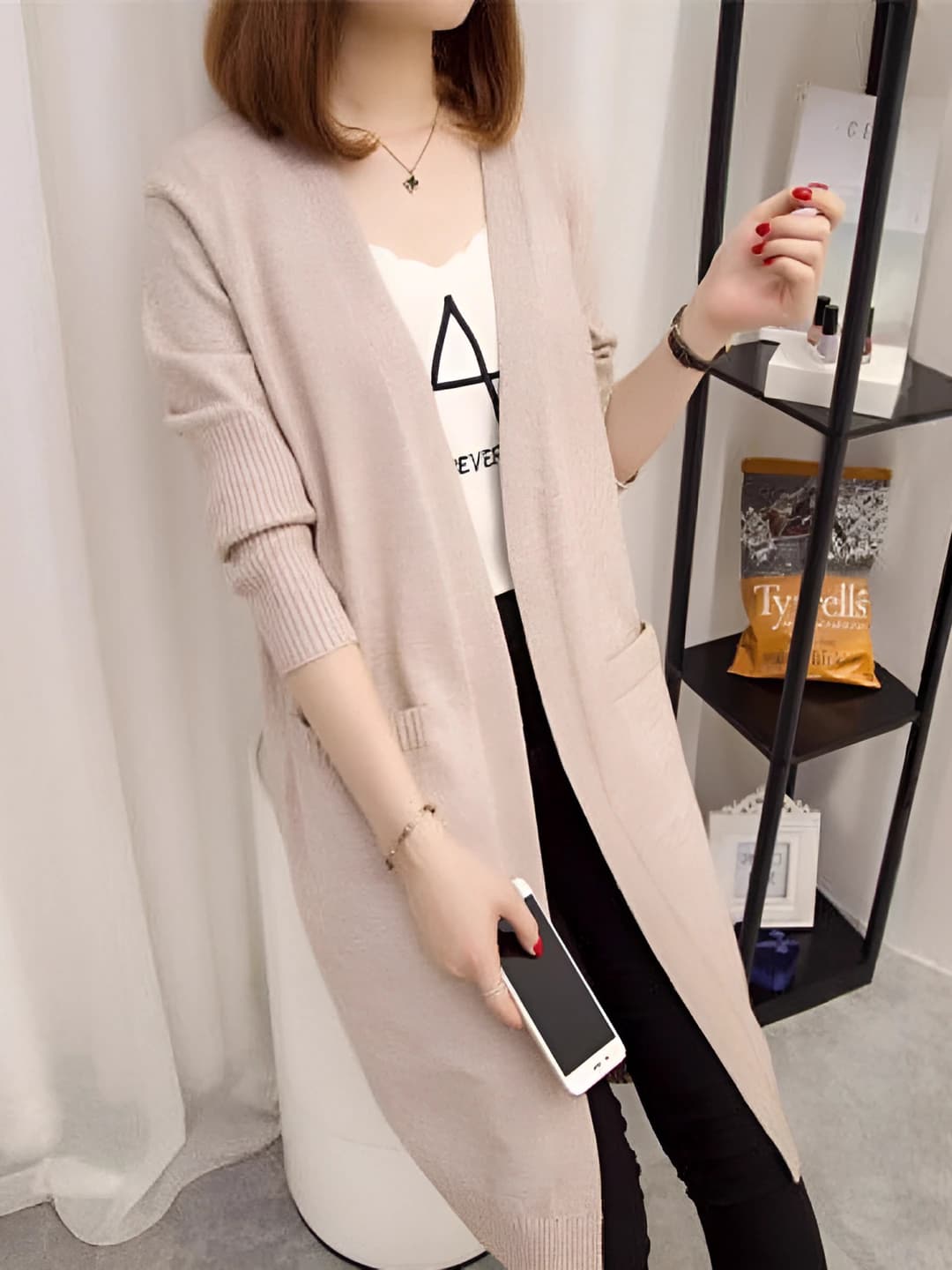Women's autumn-winter cardigan, Korean style, V-neck, long sleeve, loose fit, solid colour, thick, mid-length, plus size