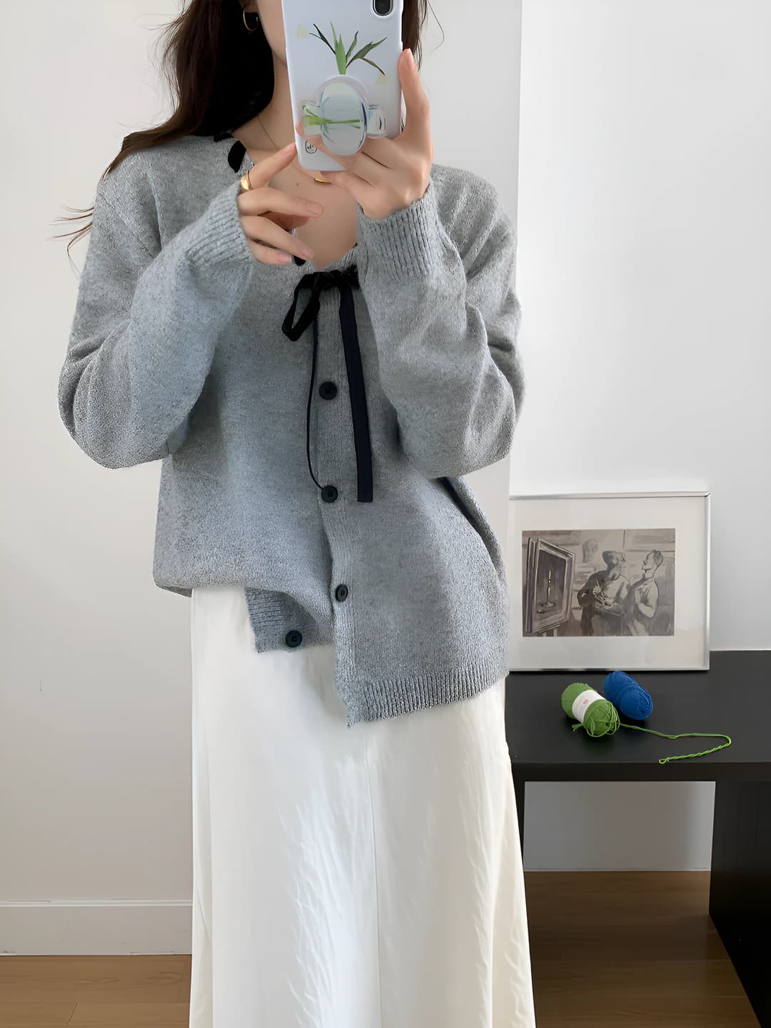 Women's knit cardigan, autumn-winter 2026, French style, loose fit, solid colour, long sleeve, thick, with tie