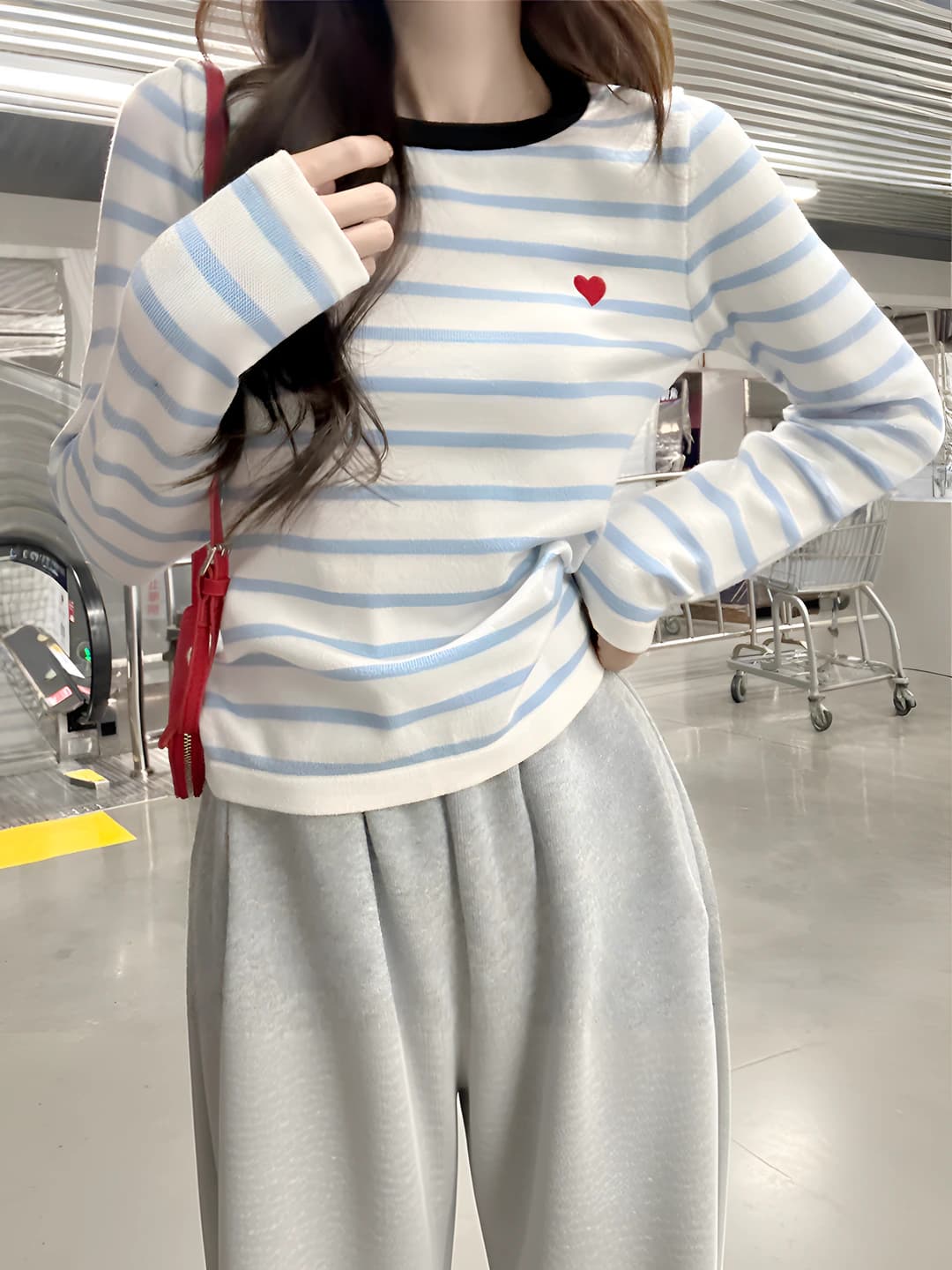 Women's striped long-sleeve longsleeve, spring-autumn, slim fit, crew neck, embroidered sweater