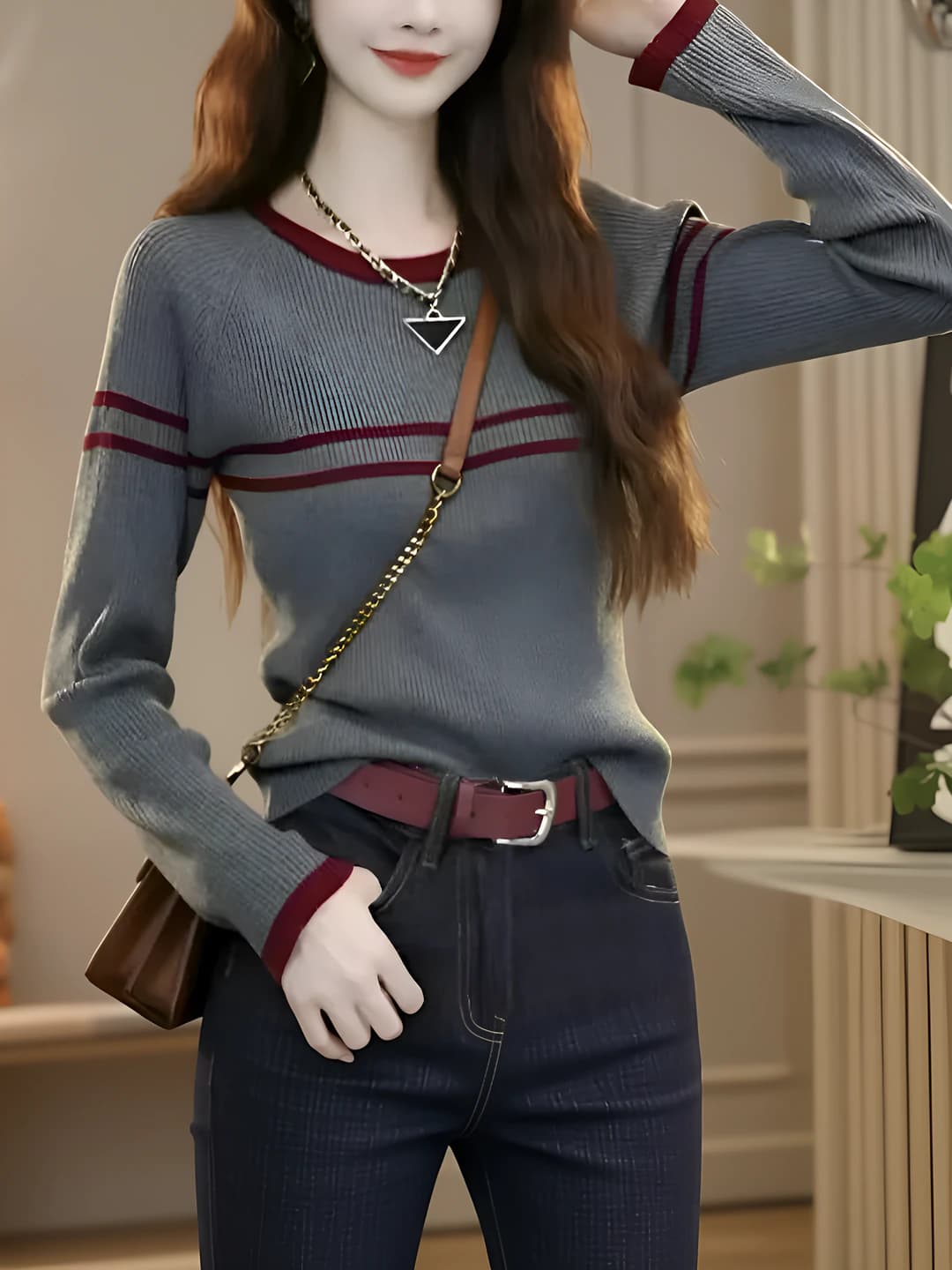 Women's autumn-winter striped crew neck slim fit knit top, slimming long sleeve sweater