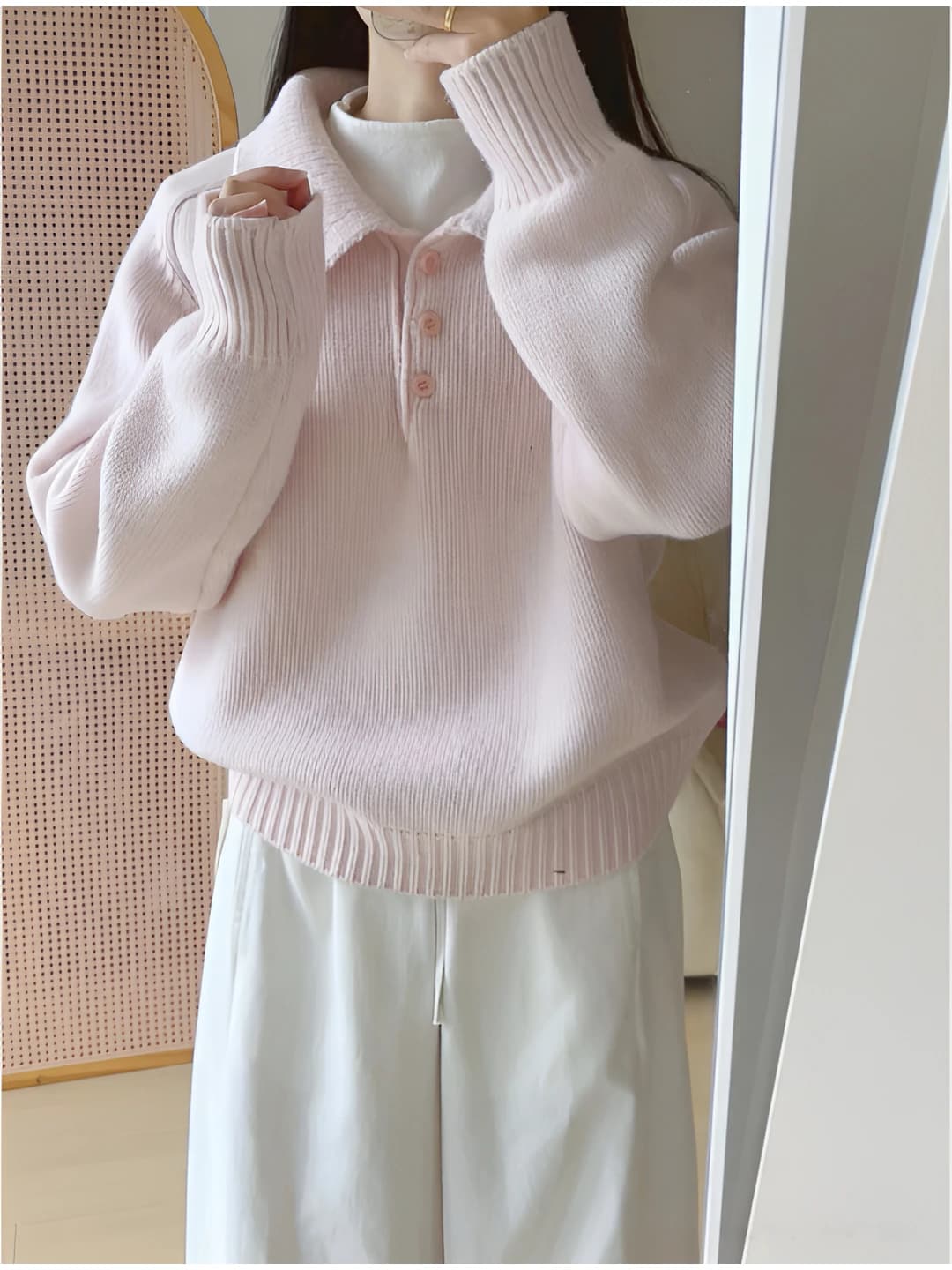 Women's polo collar knit top, loose fit, long sleeve, solid colour, thick, autumn-winter 2026