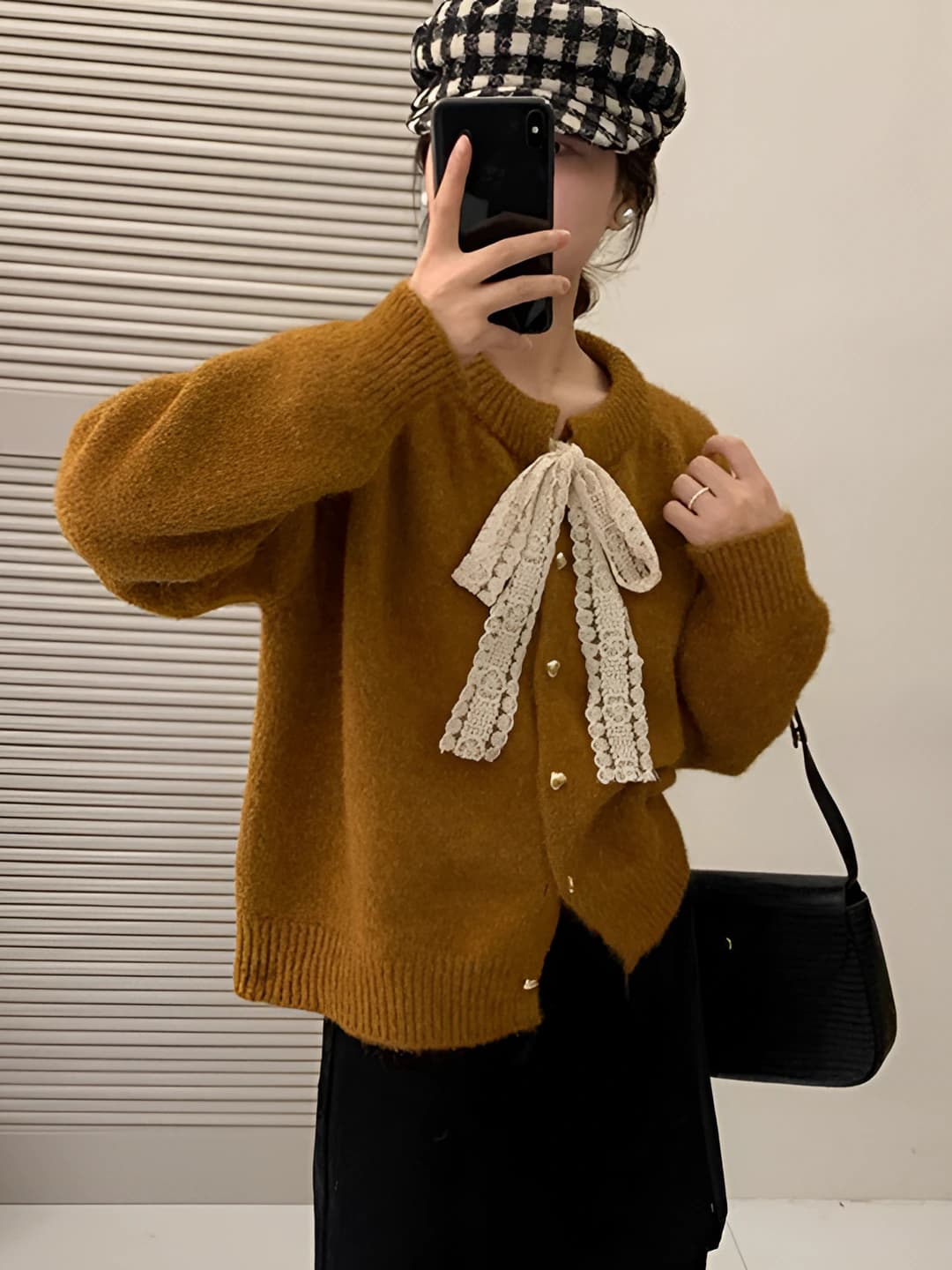 Women's lace knit cardigan, crew neck, long sleeve, loose fit, autumn-winter
