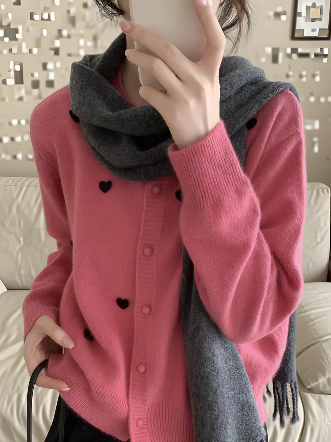 Women's Korean style knit cardigan with crew neck, long sleeve, loose fit, autumn-winter, casual, 3D pattern, thick, solid colour