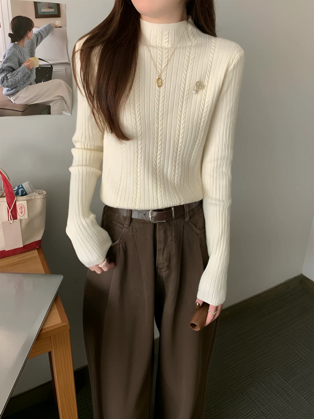 Women's thin cable knit mock neck knit top, slim fit long-sleeve long-sleeve base top for autumn-winter