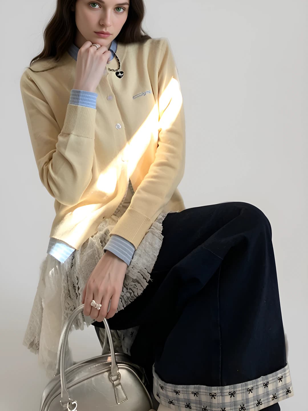Women's yellow two-layer look cardigan, 2026 autumn-winter, korean style, knit top, loose fit, crew neck, long sleeve, regular sleeve