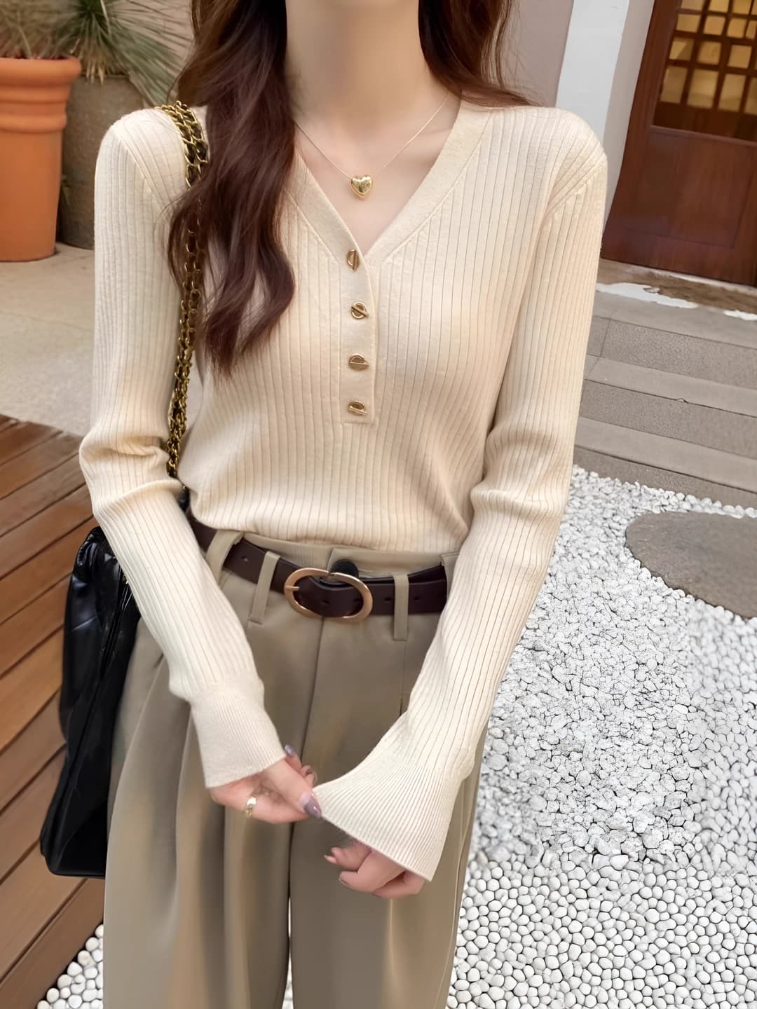 Women's 2026 autumn-winter knitted top, V-neck, long sleeve, slim fit, stretch, main fabric: 30-50% acrylic, 50-70% polyester