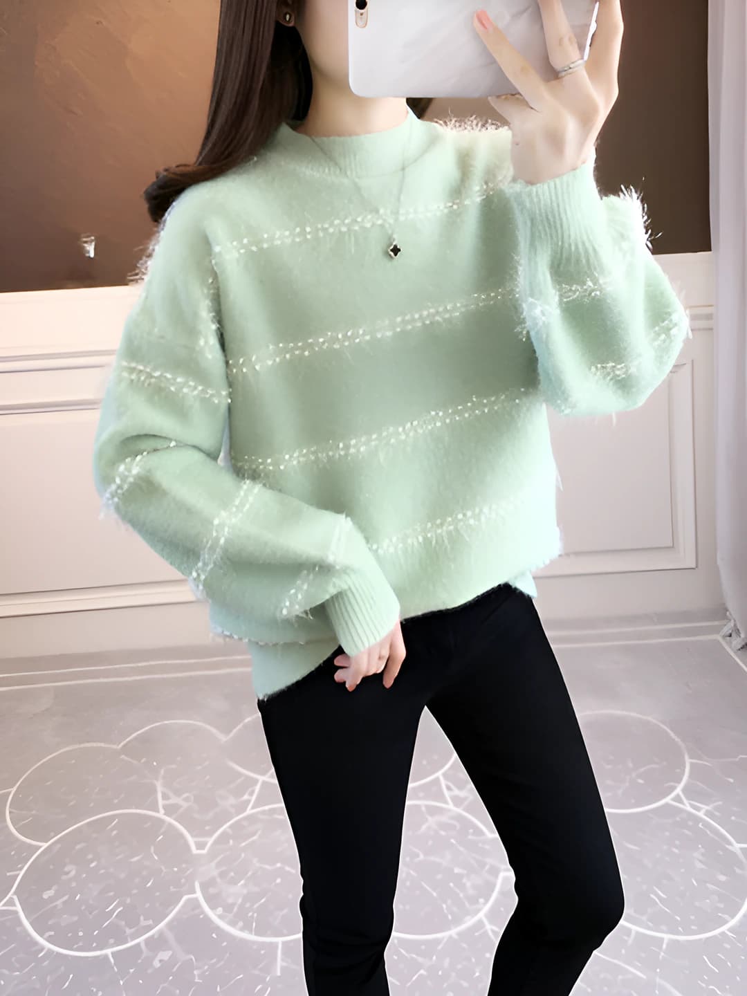 Women's 2026 autumn-winter thickened sweater, loose fit, striped, crew neck, long sleeve, preppy style