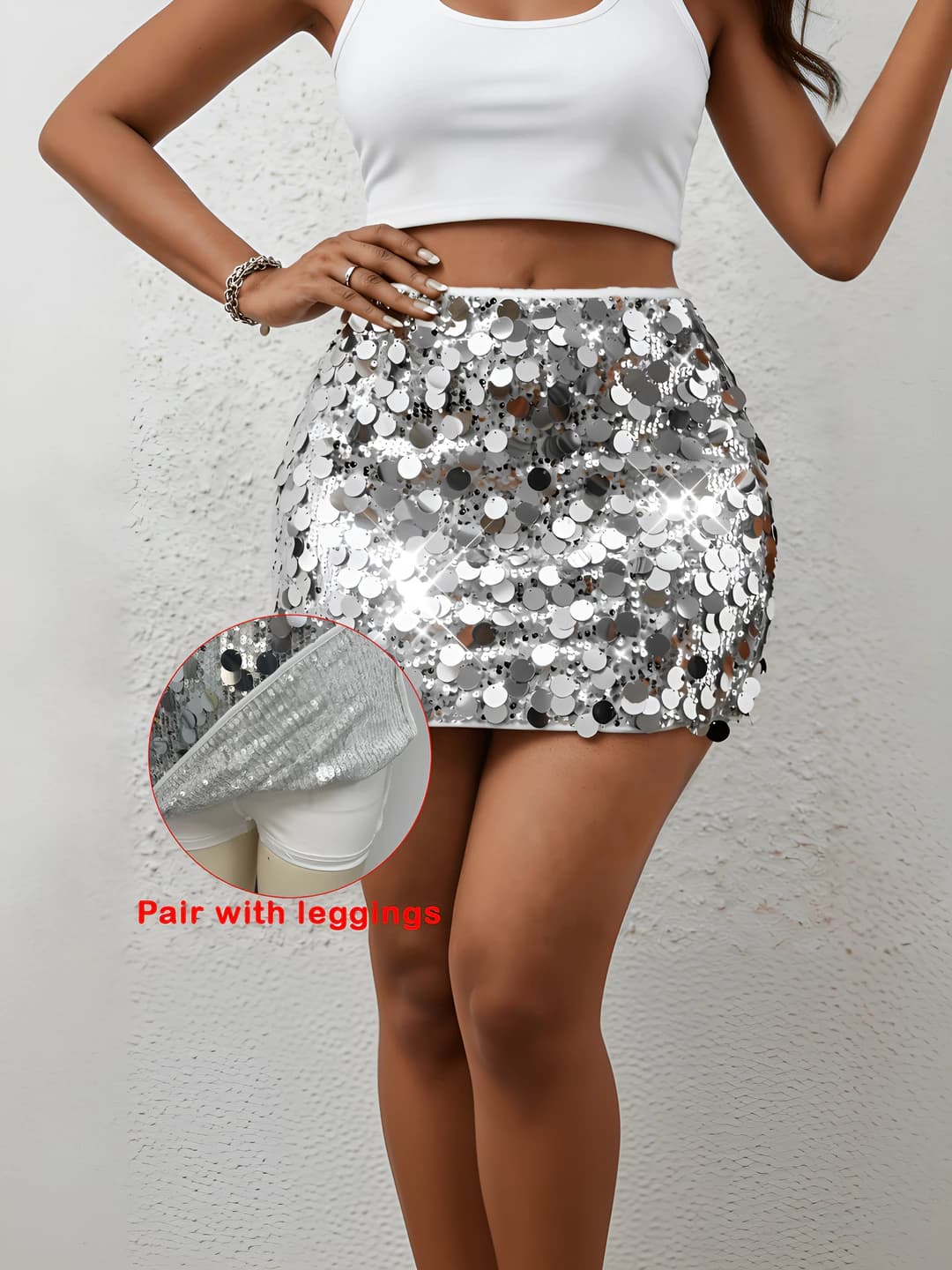 Women's mini skirt with bright sequins for parties and nightclubs