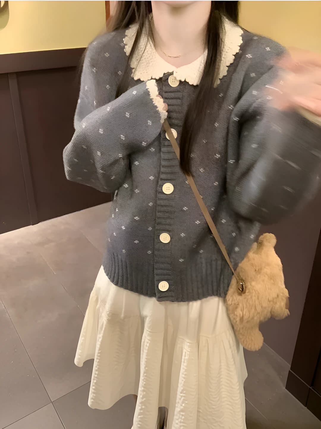 Women's knit cardigan, autumn-winter, ultra-thin, loose fit, slimming, sleeveless, POLO collar, polka dot pattern