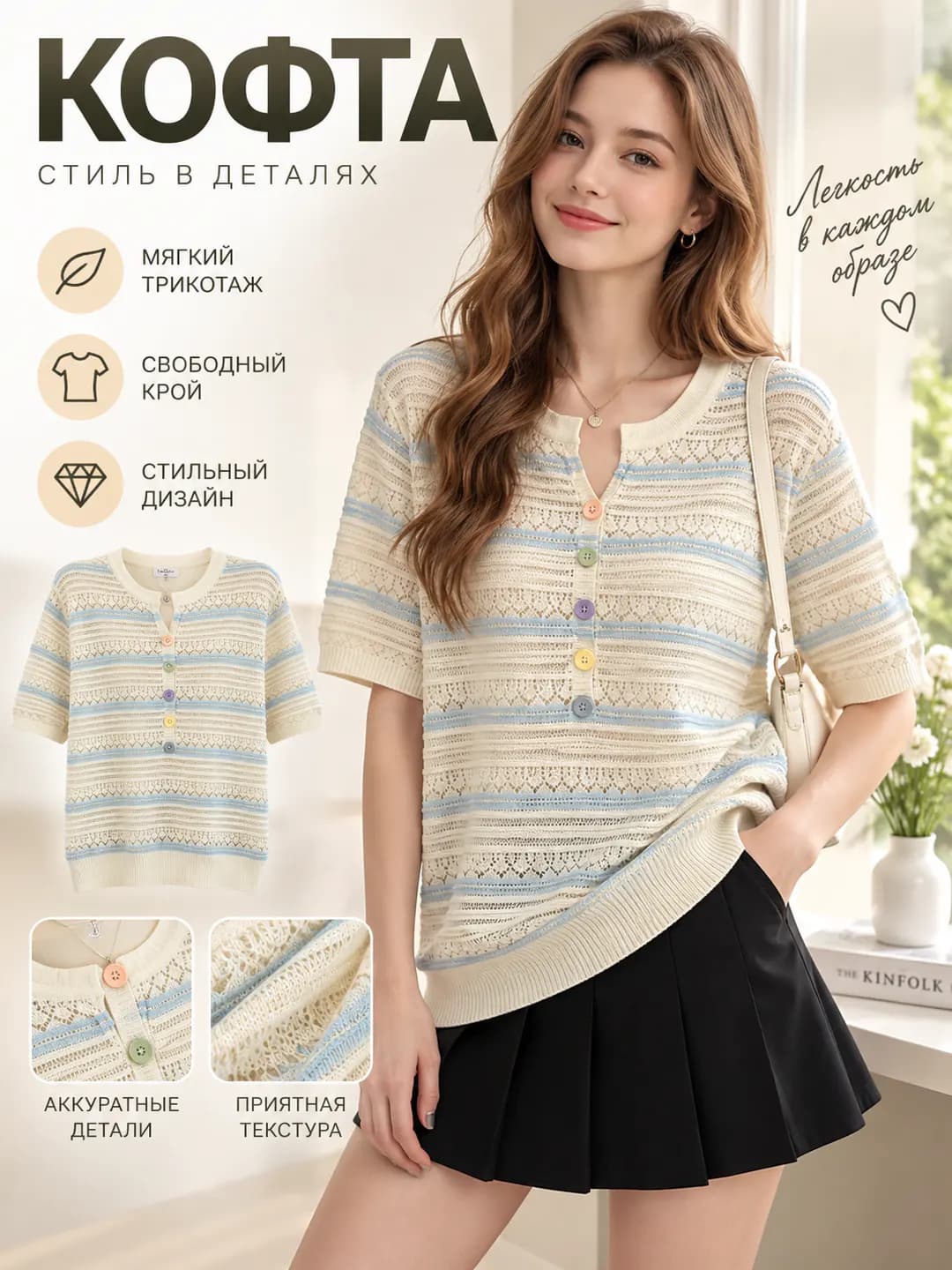 Women's V-neck striped knit top, short sleeve, loose fit, plus size, summer 2026, Korean style