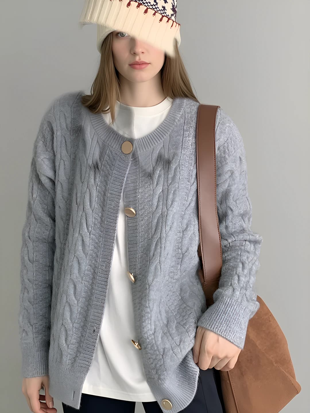Women's knit cardigan: crew neck, long sleeve, cable knit, solid colour, loose fit, autumn-winter