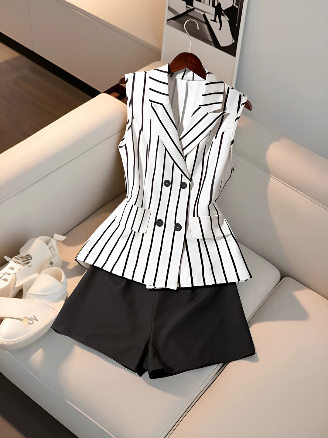 Women's sleeveless striped vest suit with shorts, lapel collar, casual style set