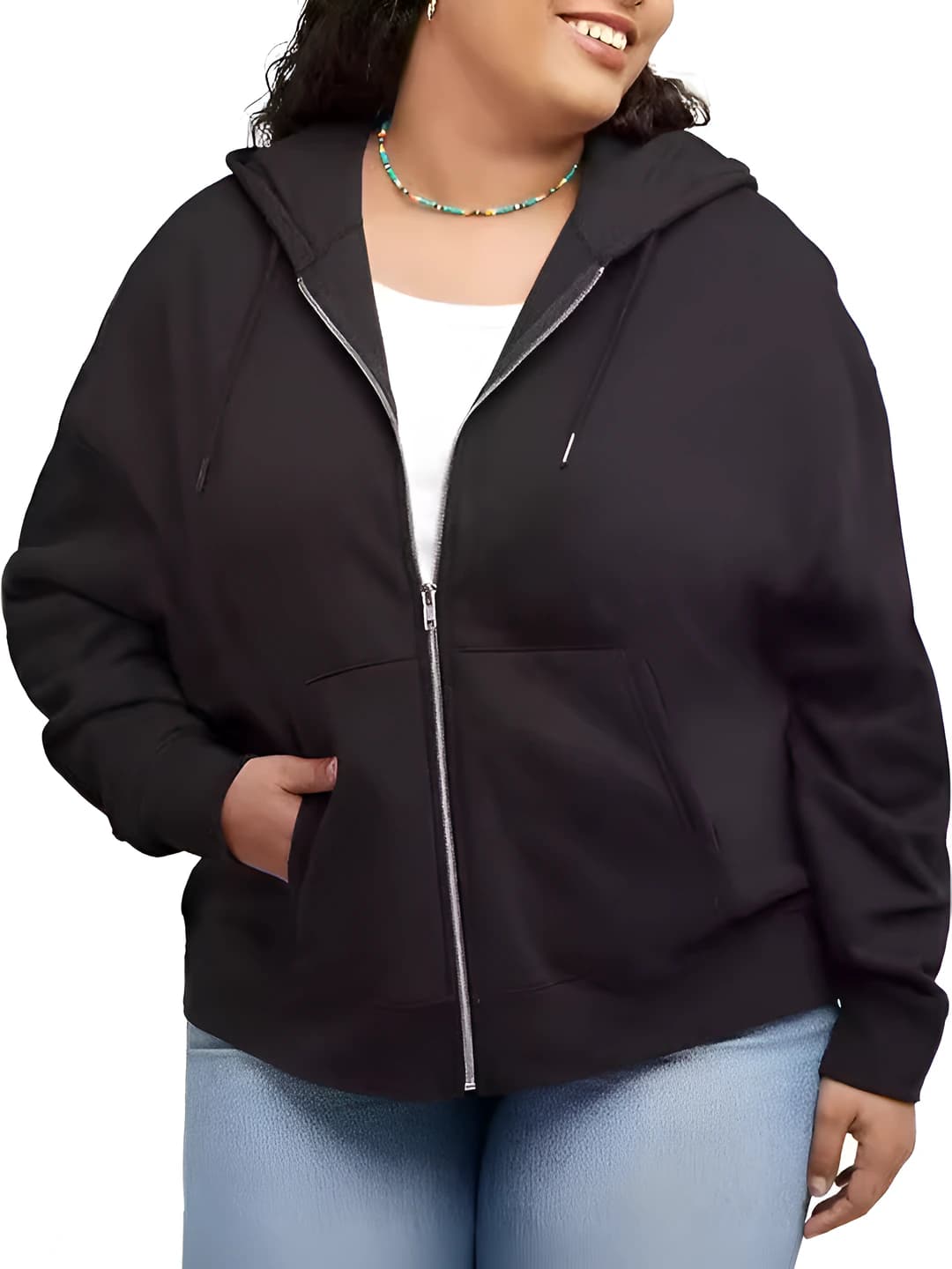 Women's fleece-lined zip-up hoodie, loose fit, long sleeve, solid colour, retro style
