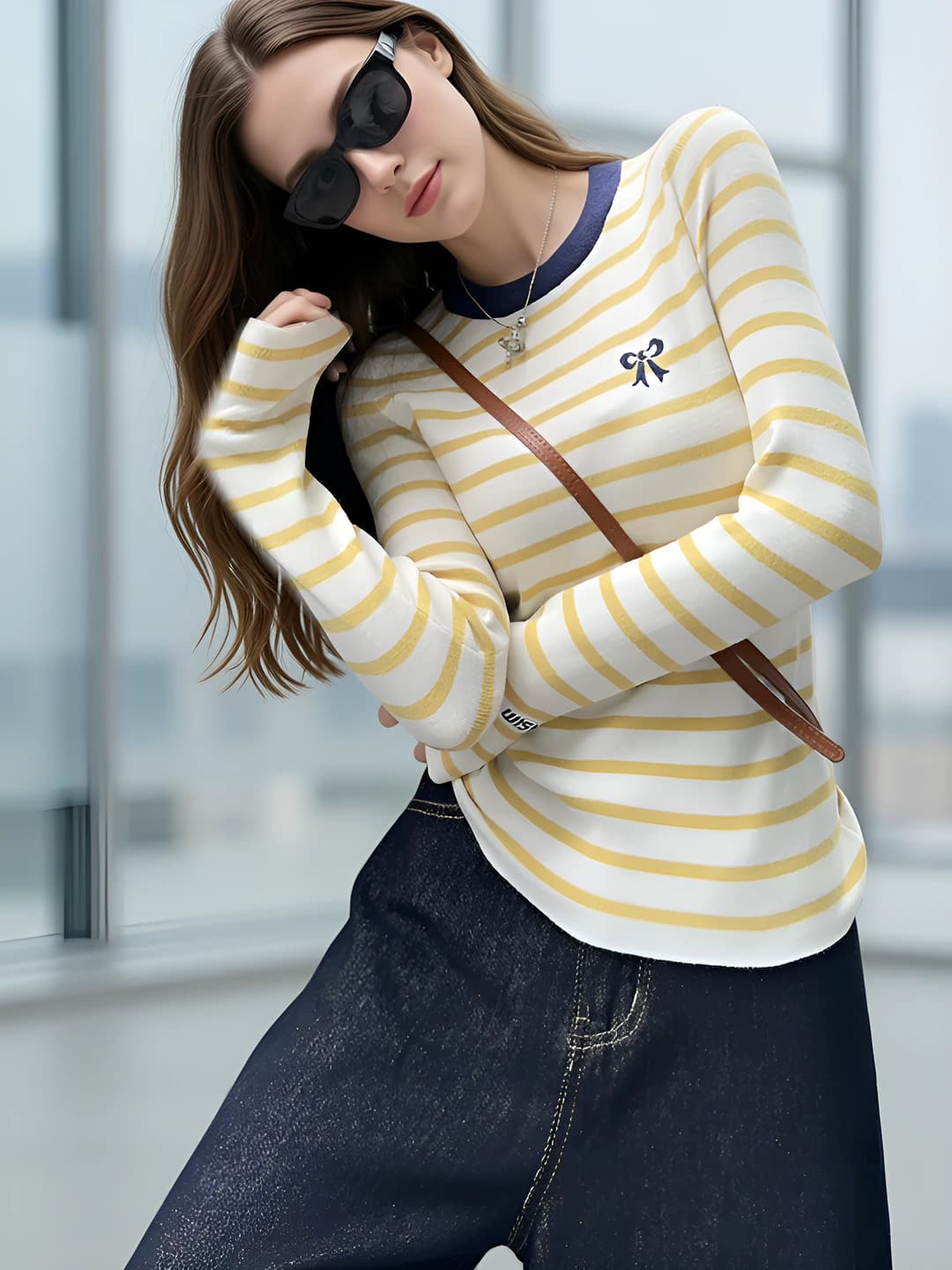 Women's yellow striped long-sleeve knitted top, autumn-winter, slim fit, crew neck, stretch sweater