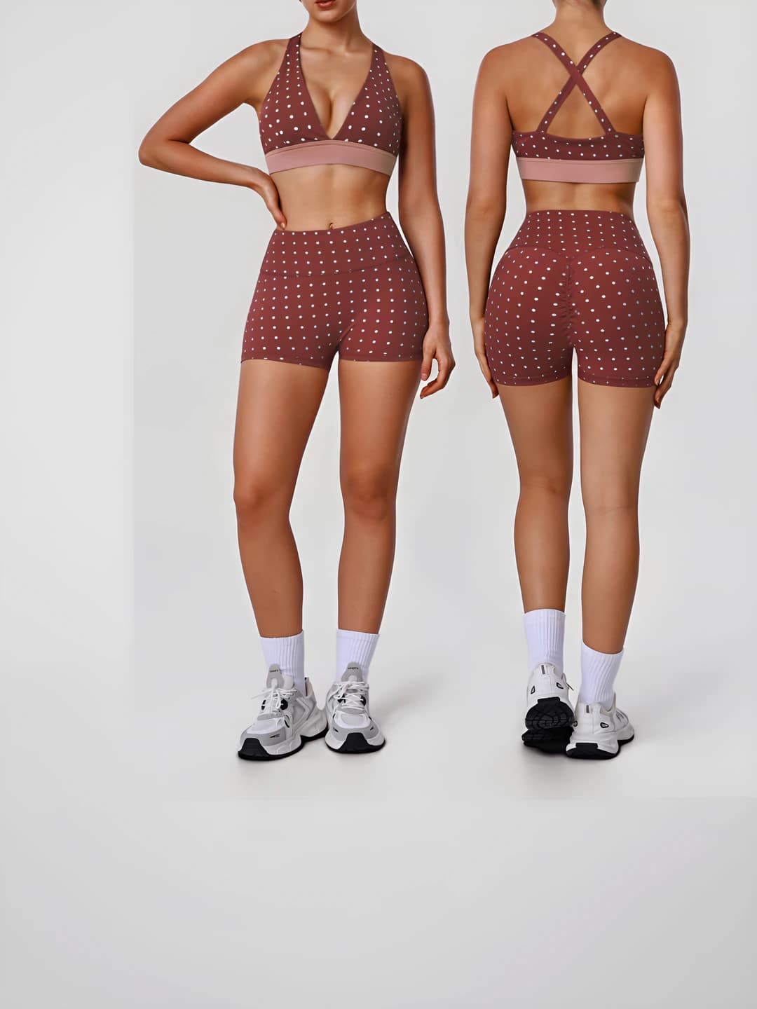 Women's sports suits: sleeveless sports bra and shorts set, 75% nylon 25% spandex, double-sided silver dot fabric