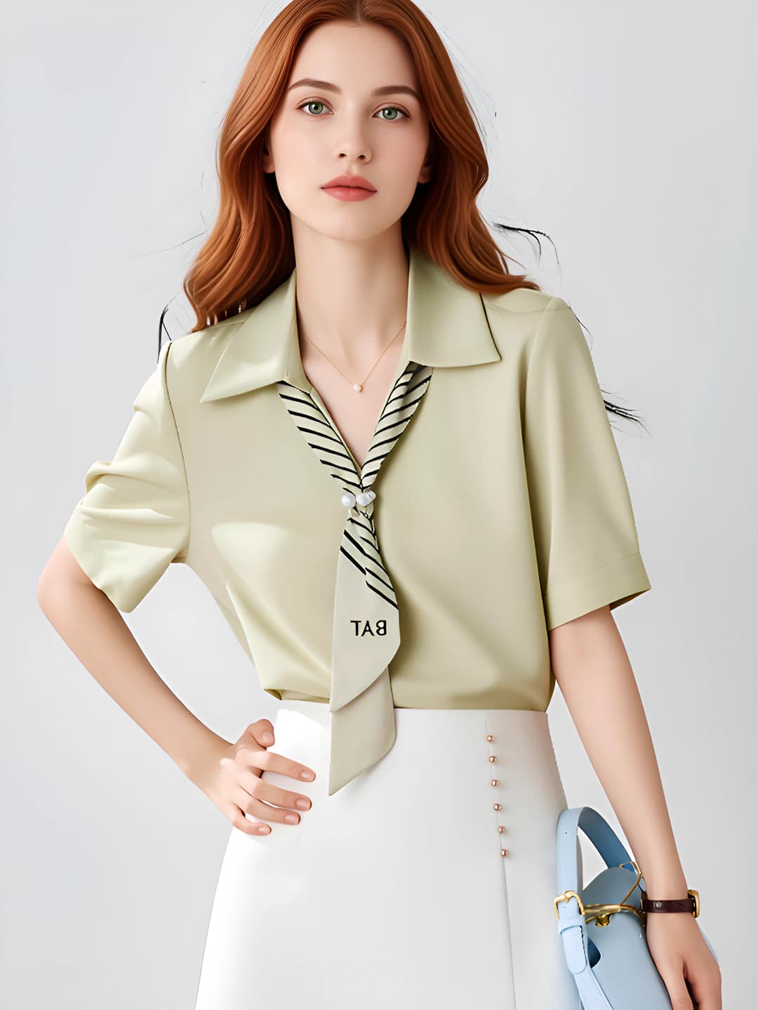 Ayollar uchun yozgiq ko'ylak-shirt, saten mato, kalta yeng, tanaga yopishgan, bir rangli, halqali yoqa, ko'kragi yopiq
