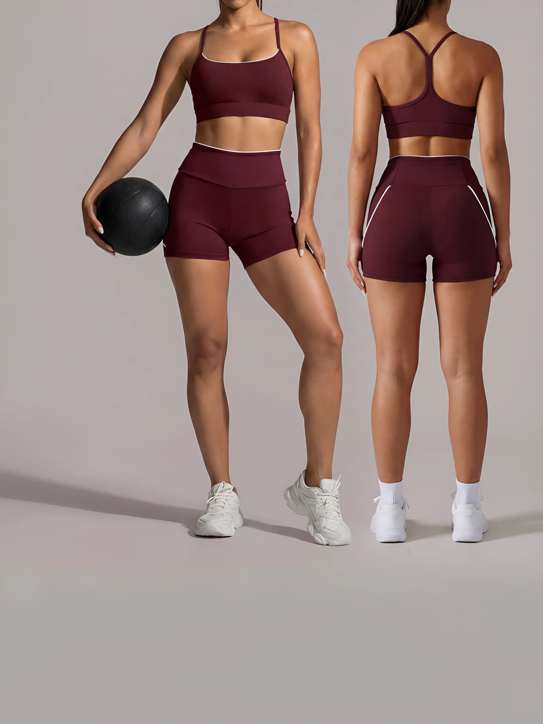Ayollar uchun sport kostyumlari: yengsiz byustgalter va shorti to'plami, tez quriydigan, 75% naylon va 25% spandex