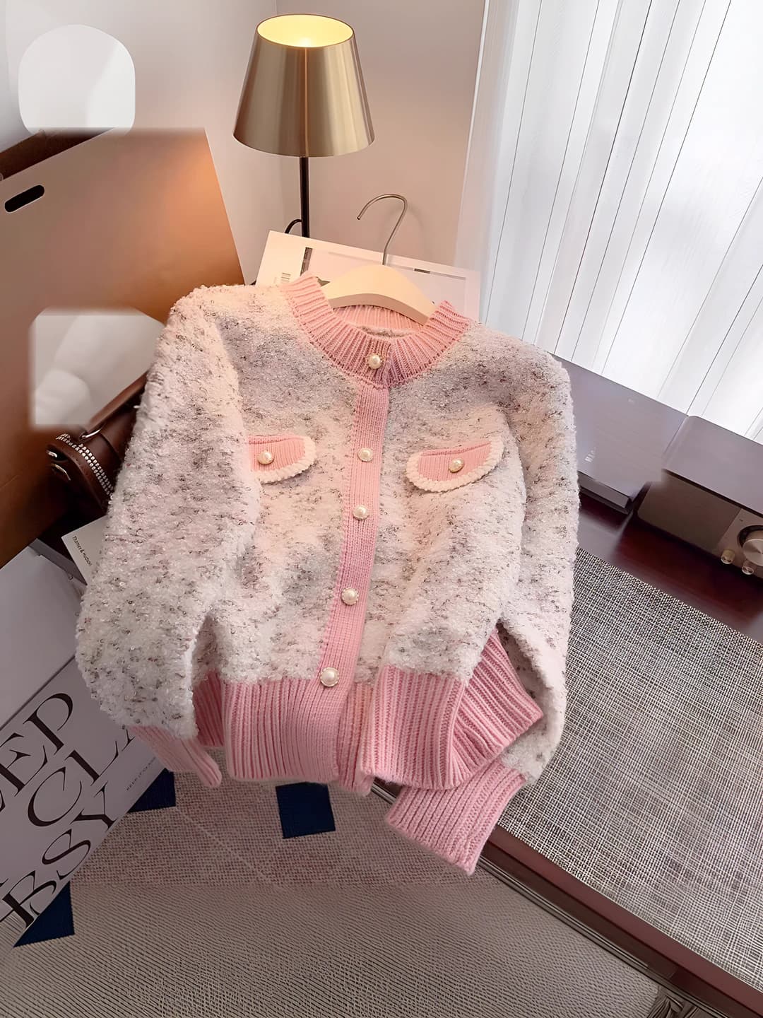 Women's cashmere knit cardigan, thickened, spring-autumn, loose fit, POLO collar, long sleeve, tie-dye pattern, single button closure