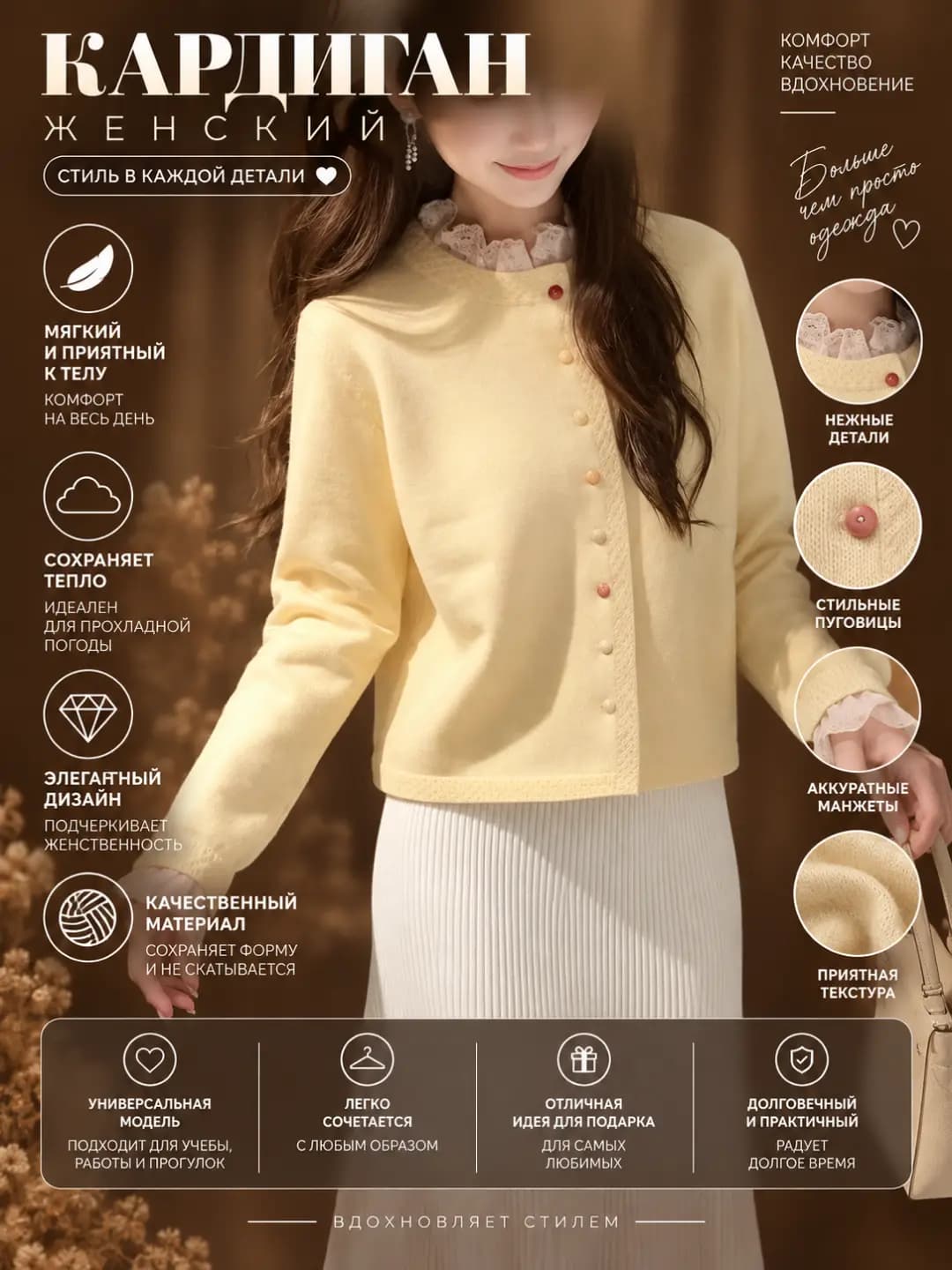 Women's autumn-winter lace crew neck long sleeve loose fit cropped cardigan