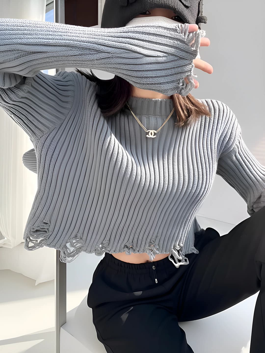 Women's distressed cropped sweater, sleeveless, slim fit, POLO collar, solid colour, spring-autumn