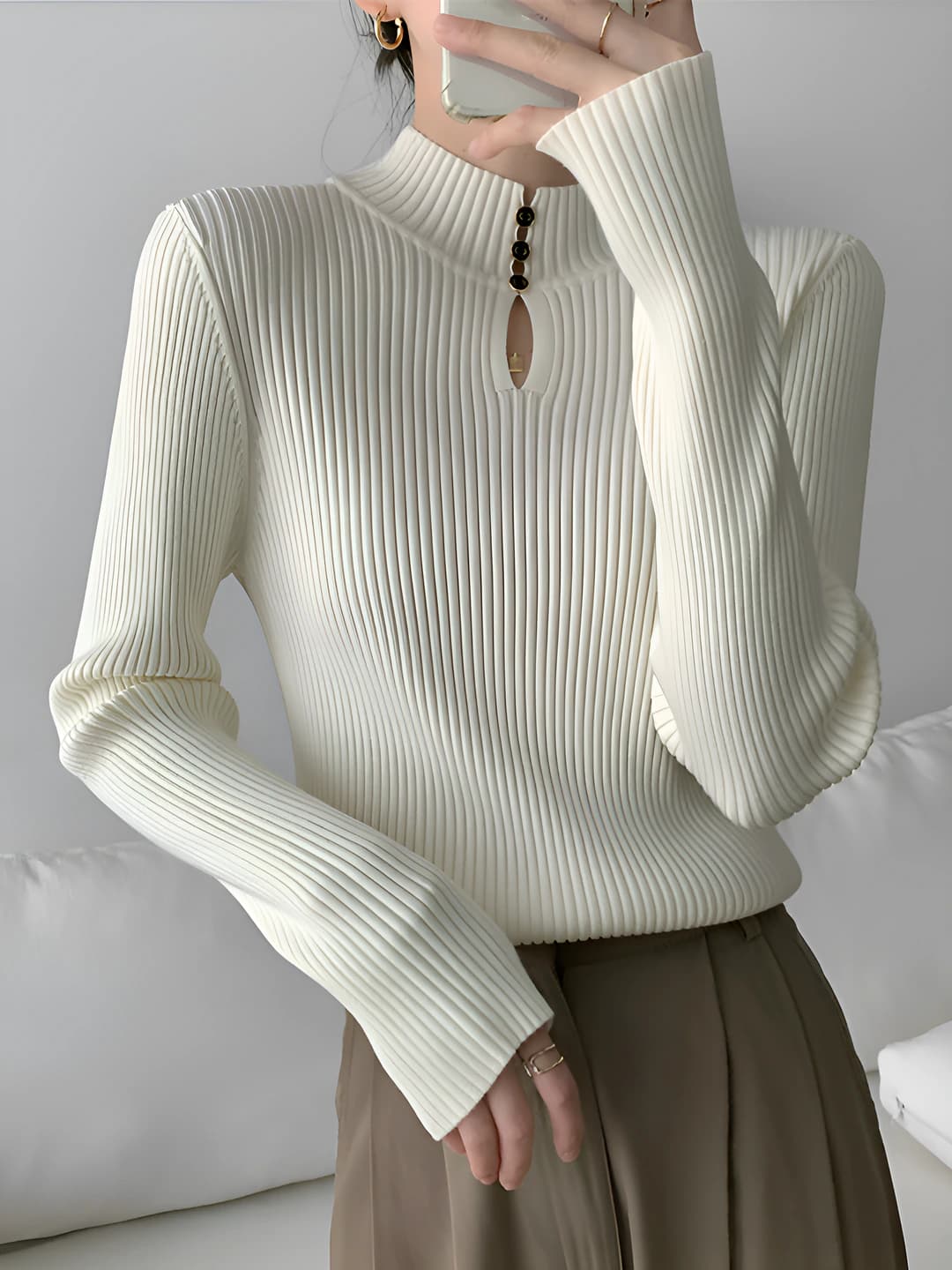 Women's knitted top with long sleeve, mock neck, slim fit, autumn-winter