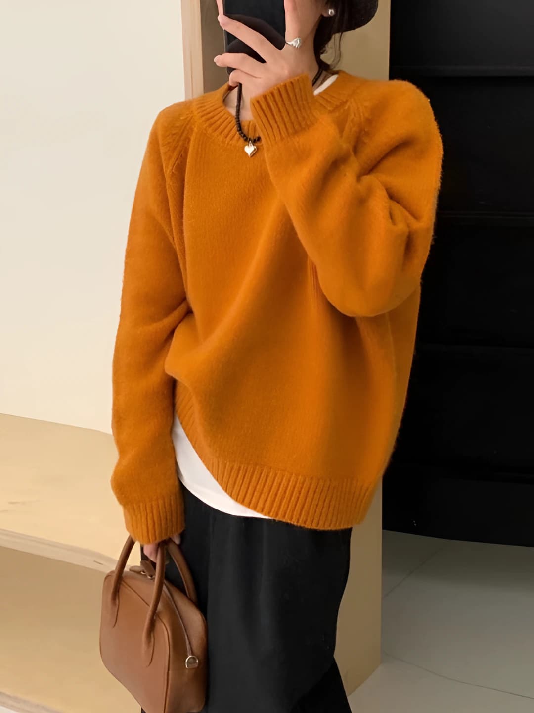 Women's autumn-winter knit sweater, crew neck, long sleeve, loose fit, solid colour, slimming