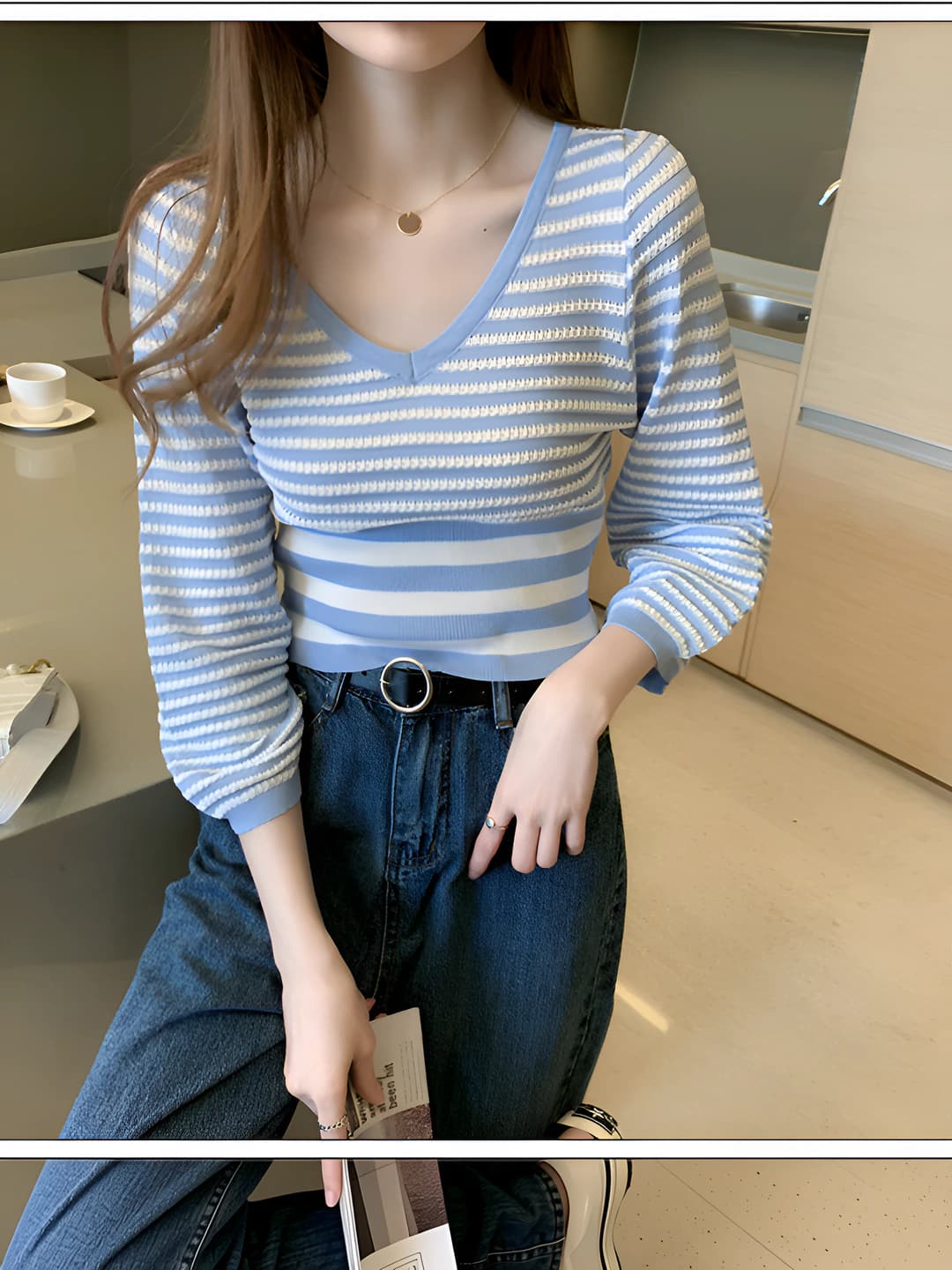 Women's autumn-winter knit top, striped, slim fit, V-neck, long sleeve, 50-65 cm