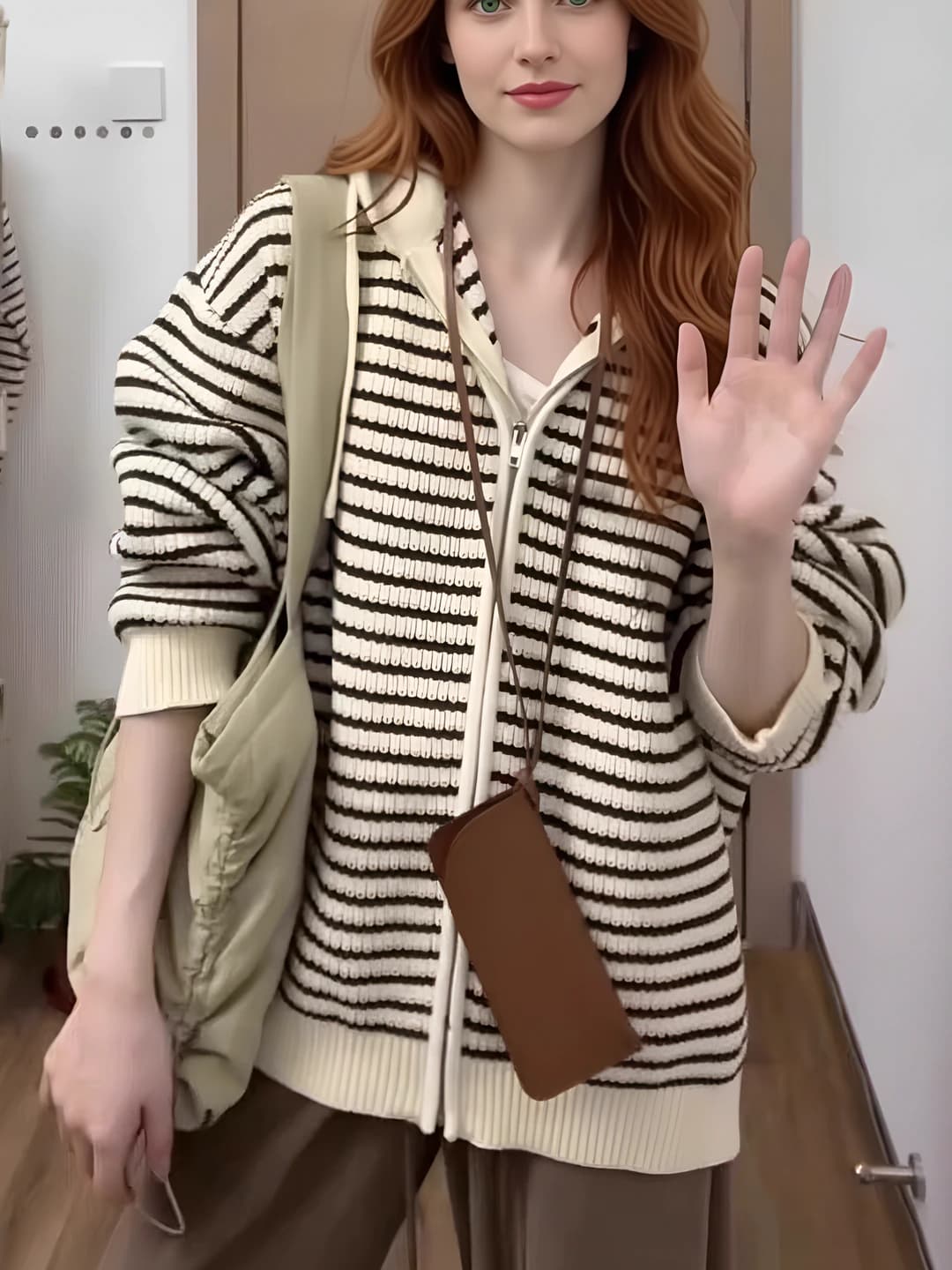 Women's striped knit cardigan, Korean style, loose fit, zip closure, long sleeve, thick, casual style