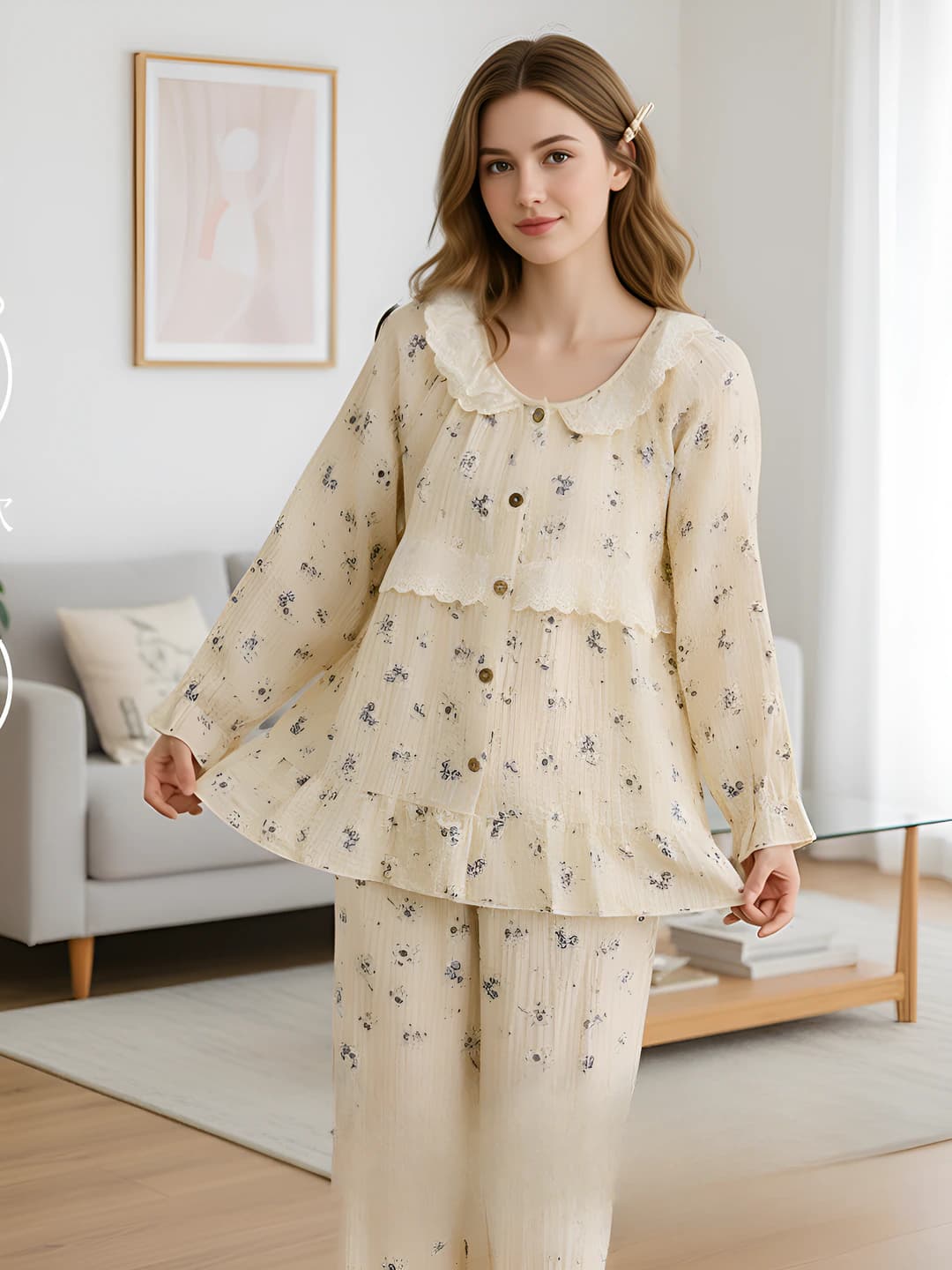 Women's spring-autumn and summer lace floral pure cotton double gauze long sleeve thin home wear set