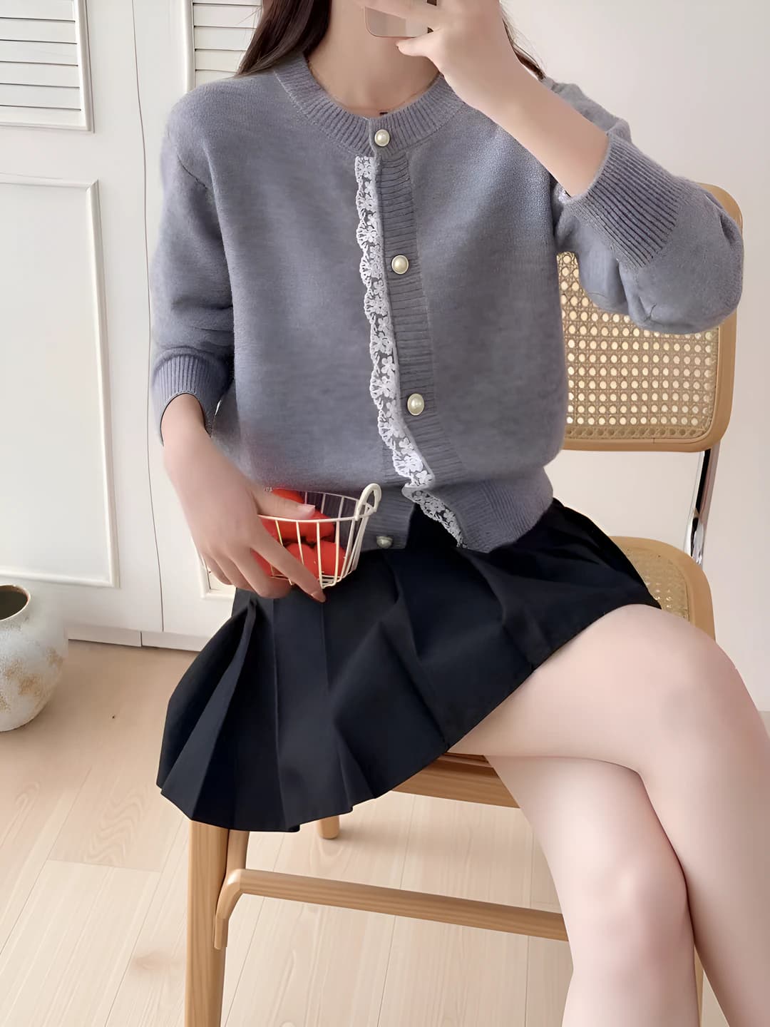 Women's cashmere knit cardigan, lace, solid colour, long sleeve, crew neck, loose fit, slimming, spring-autumn