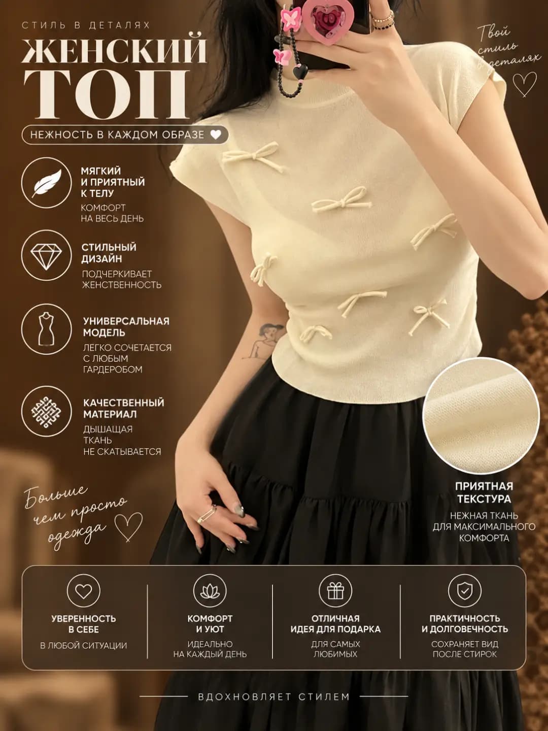Women's knit top: mock neck, short sleeve, slim fit, slimming, 3D bow pattern, summer
