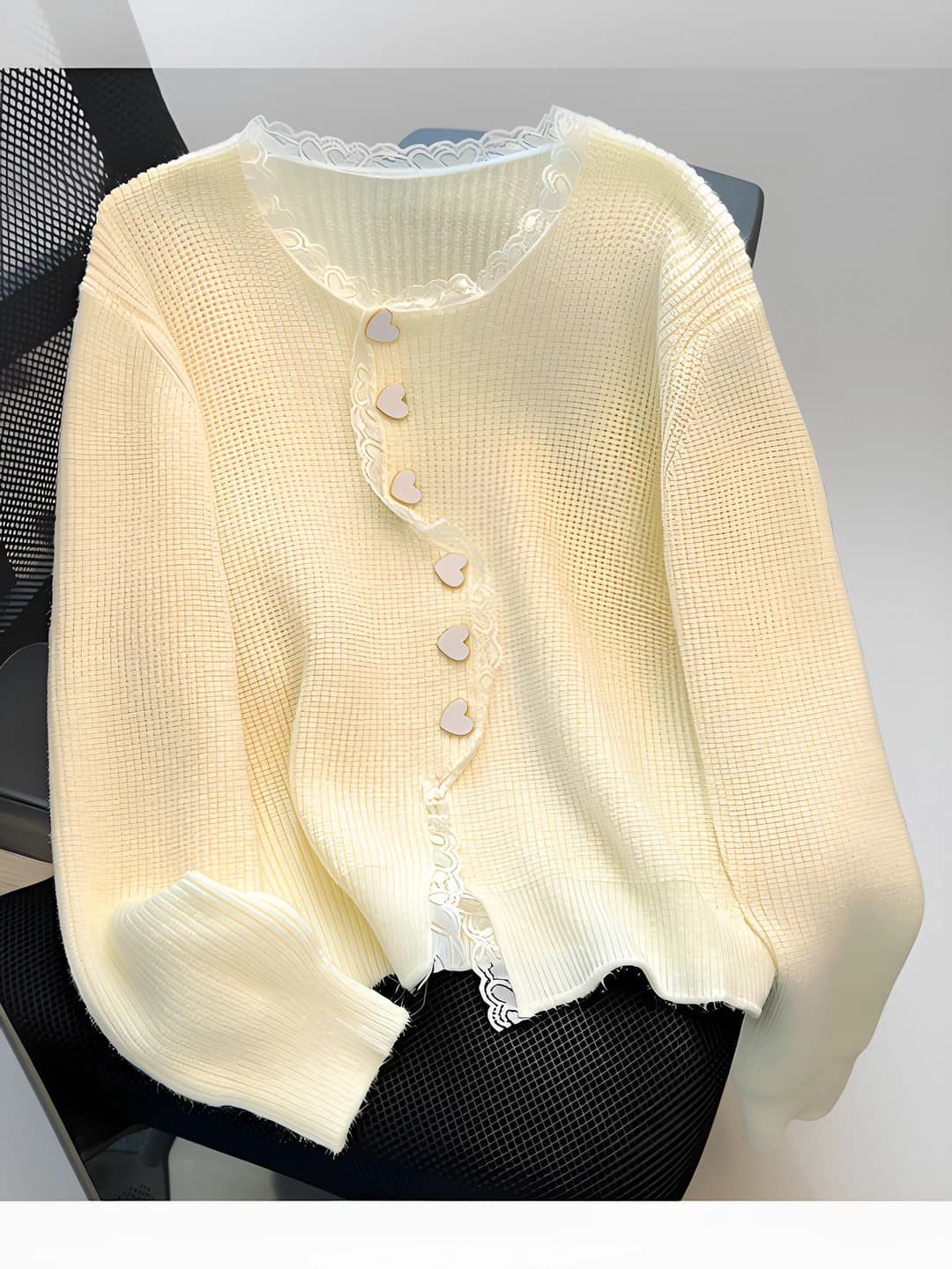 Women's spring knit cardigan, lace trim, solid colour, loose fit, long sleeve, crew neck, cropped