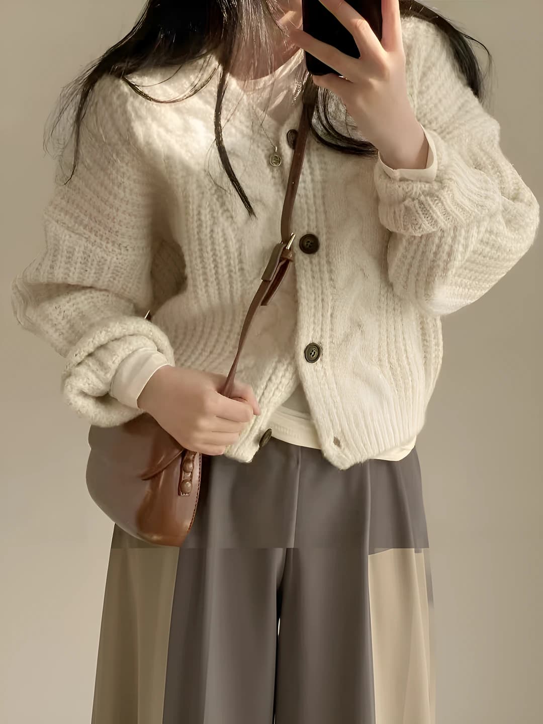 Women's 2026 autumn-winter cable knit cardigan, V-neck, long sleeve, solid colour, loose fit
