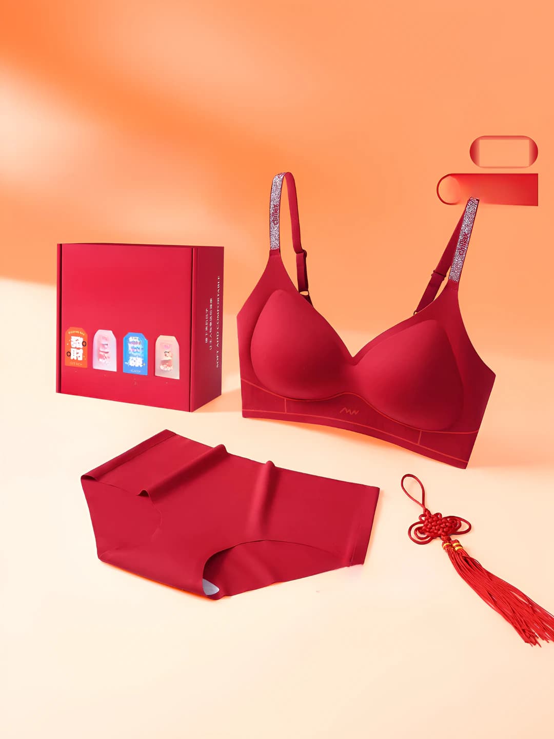 Women's underwear set: red, all-season, sports style, seamless, non-slip, slimming, side support, side fat collection, small bust enhancement, for wedding, nylon and spandex, 3/4 cup, thick bottom, fixed