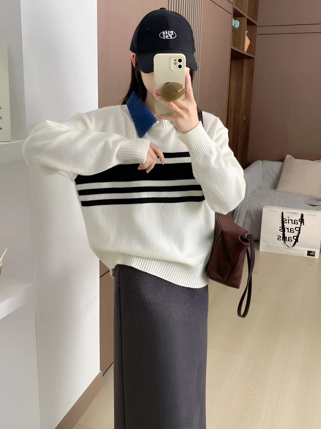 Women's striped knit top, cashmere blend, POLO collar, long sleeve, thick, autumn-winter 2026