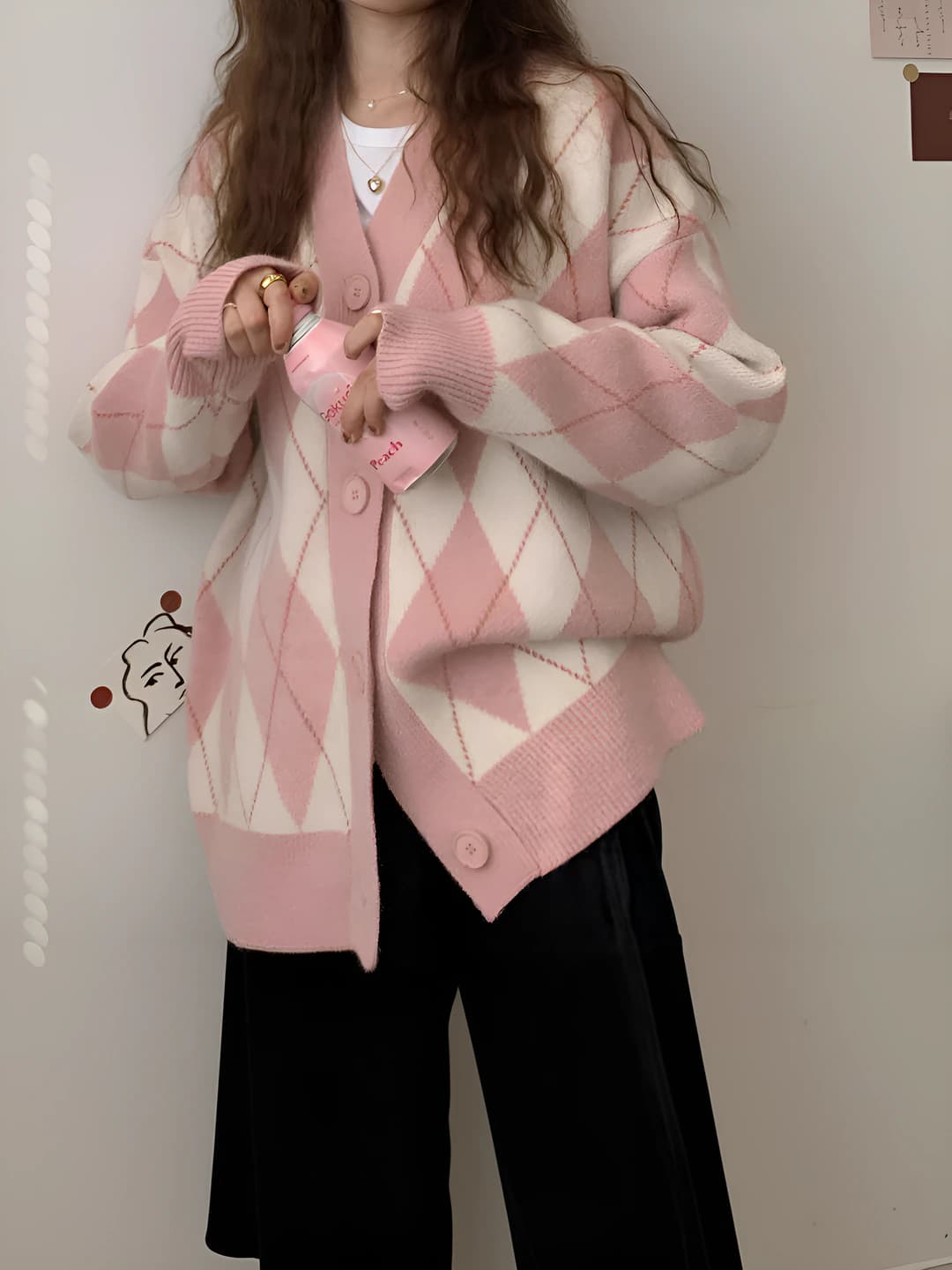 2026 women's Korean style loose fit mid-length argyle knit cardigan, V-neck, long sleeve, ultra-thin, color-block design