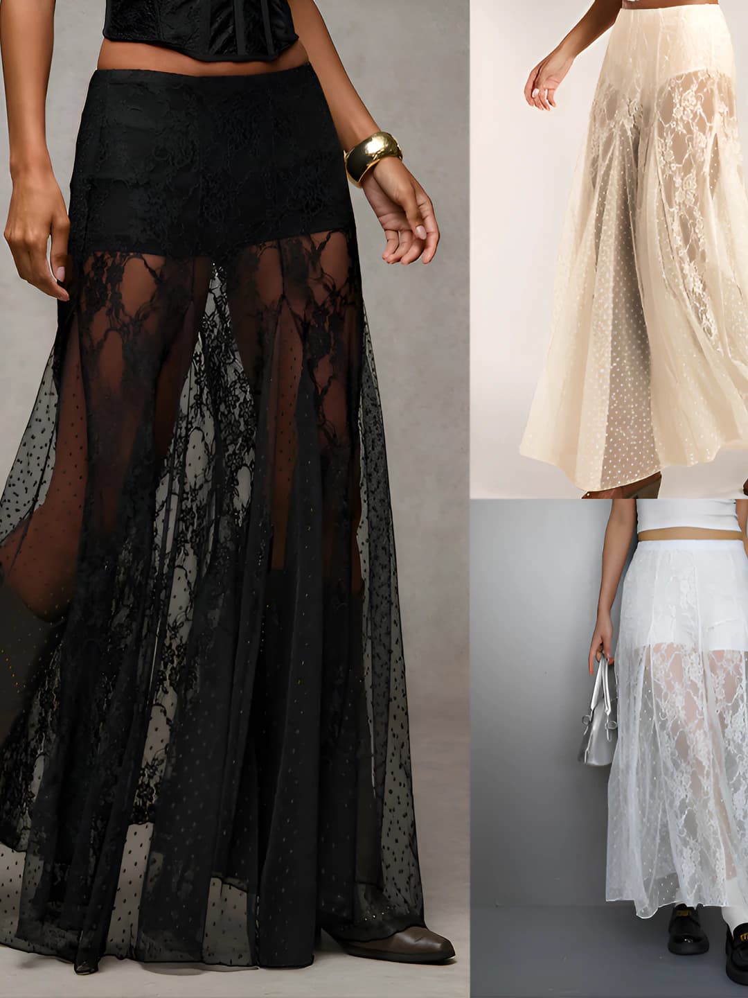 Women's lace printed sheer long A-line skirt, low waist, slimming fit, casual style