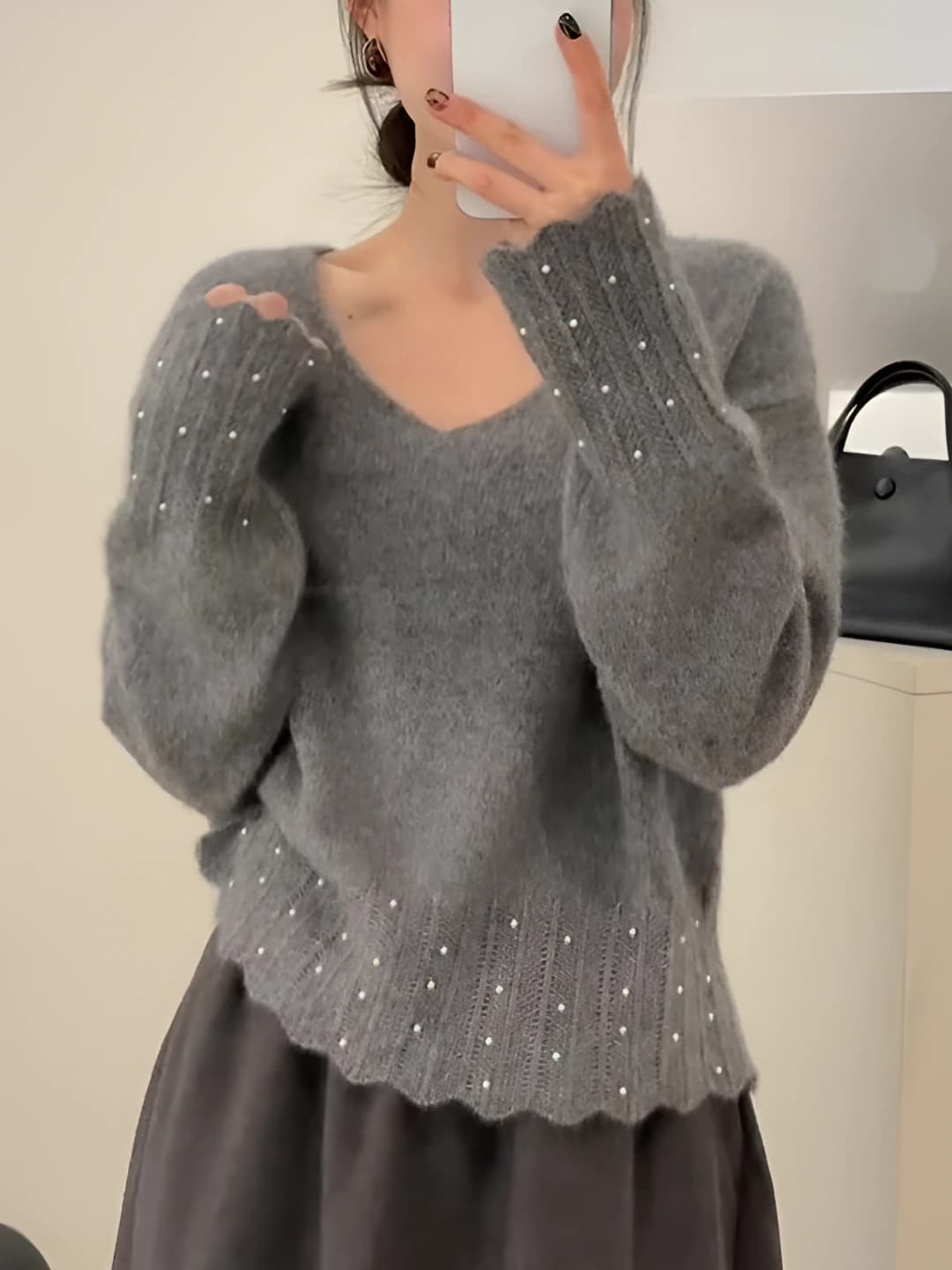 Women's knit sweater pullover, V-neck, long sleeve, solid colour, loose fit, autumn-winter 2026