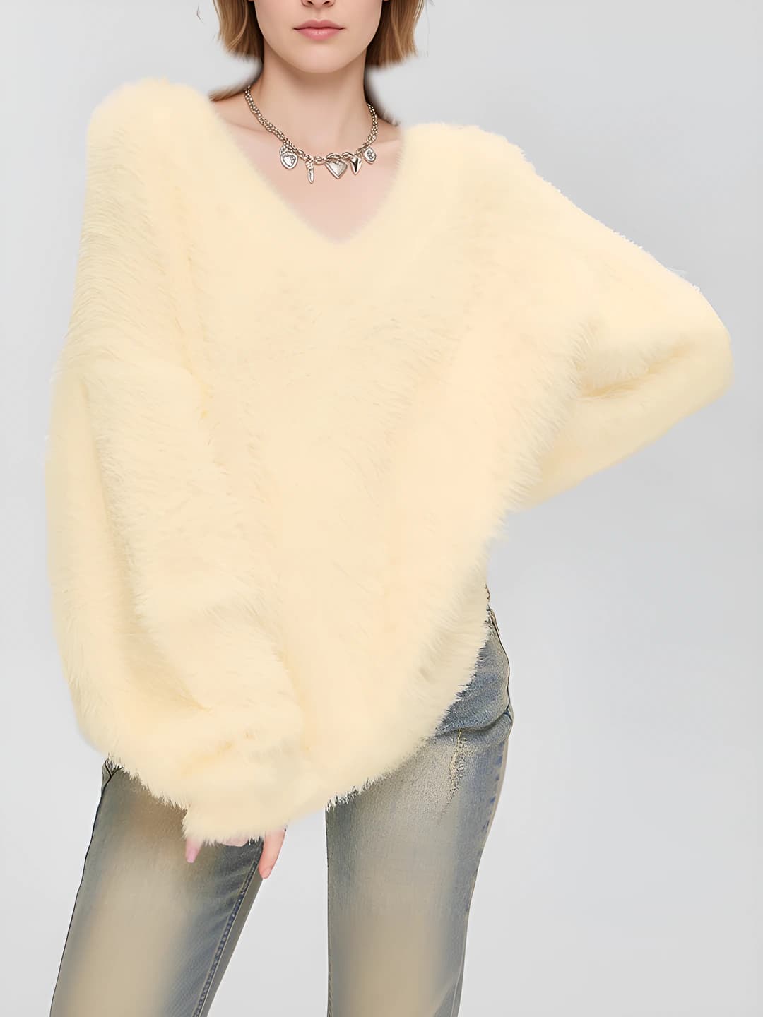 Women's faux mink V-neck knit sweater, autumn-winter, solid colour, loose fit, long sleeve, thick