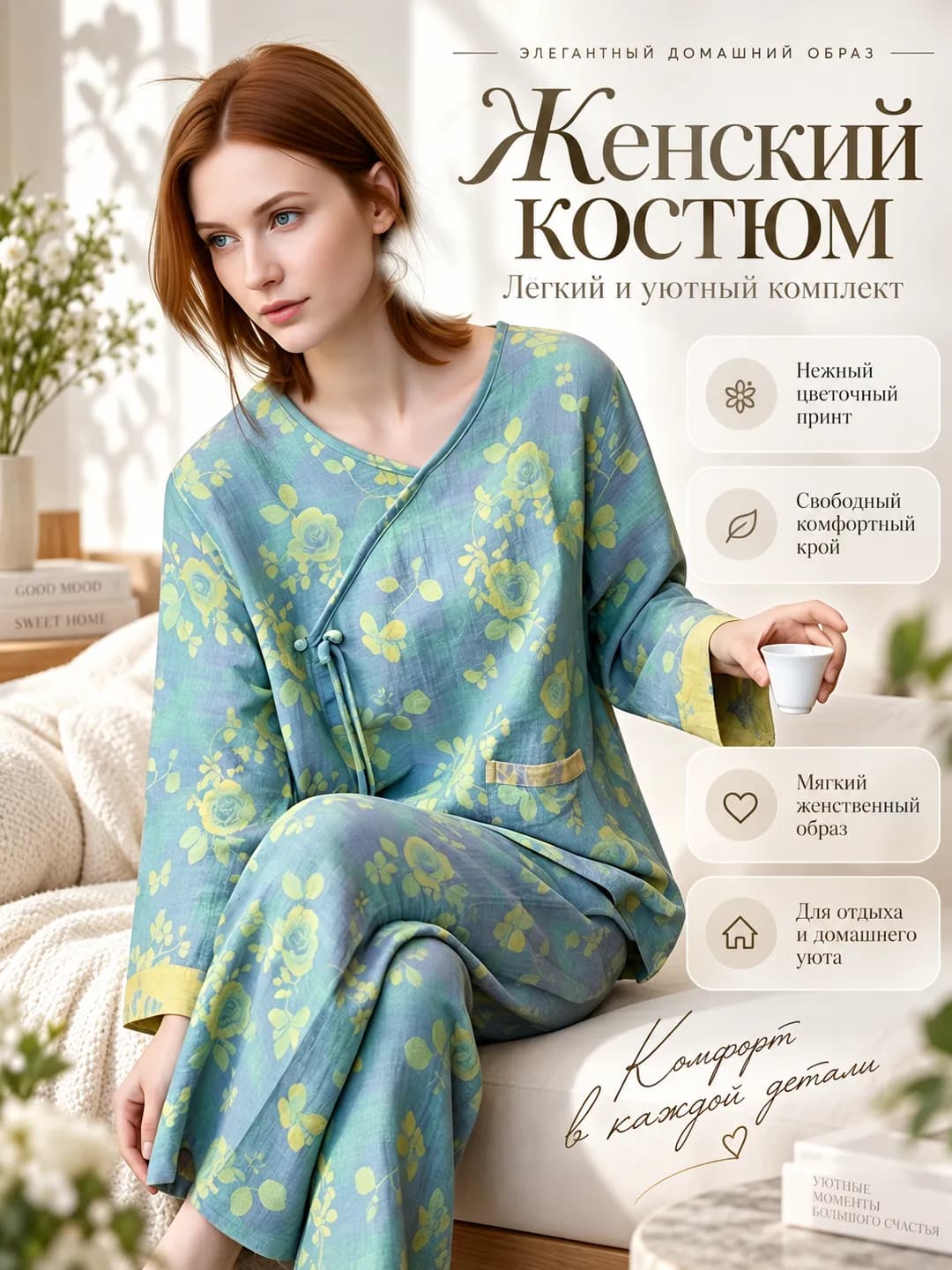 Ayollar uchun sof paxta retro rangli to'qima gacha pijama to'plami, bahor-yoz uchun, dumaloq yoqa, bilakkacha yeng, uzun shim