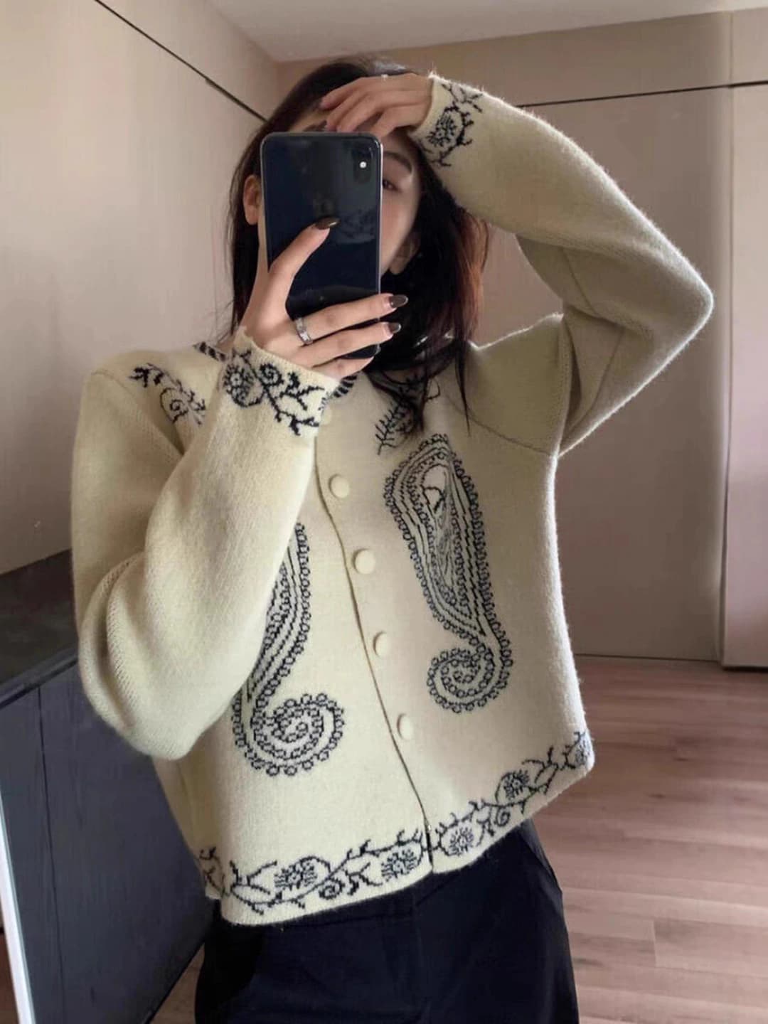 Women's Korean style retro ethnic color-block knit cardigan, autumn-winter, crew neck, long sleeve, loose fit